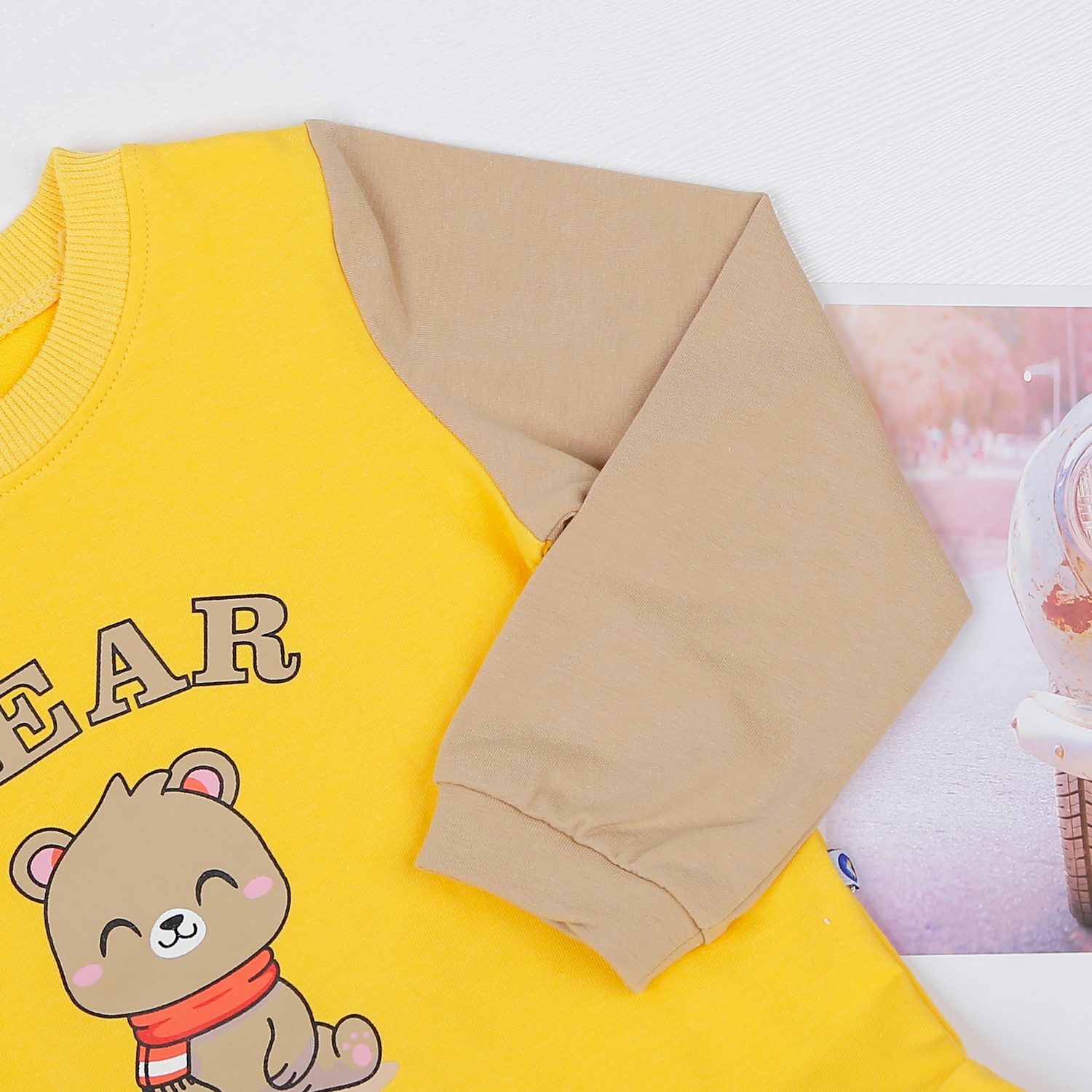 Váy bé gái dài tay phối vàng nâu in gấu Bear HN22D hình 3