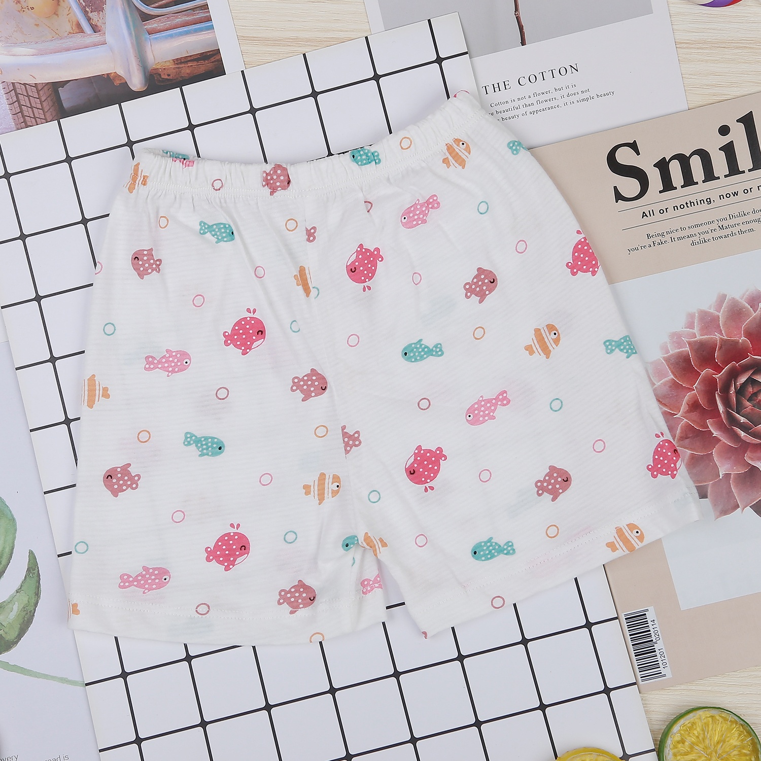 Bộ bé gái cộc tay KidsPlaza kẻ in cá M22H (Trắng) hình 5