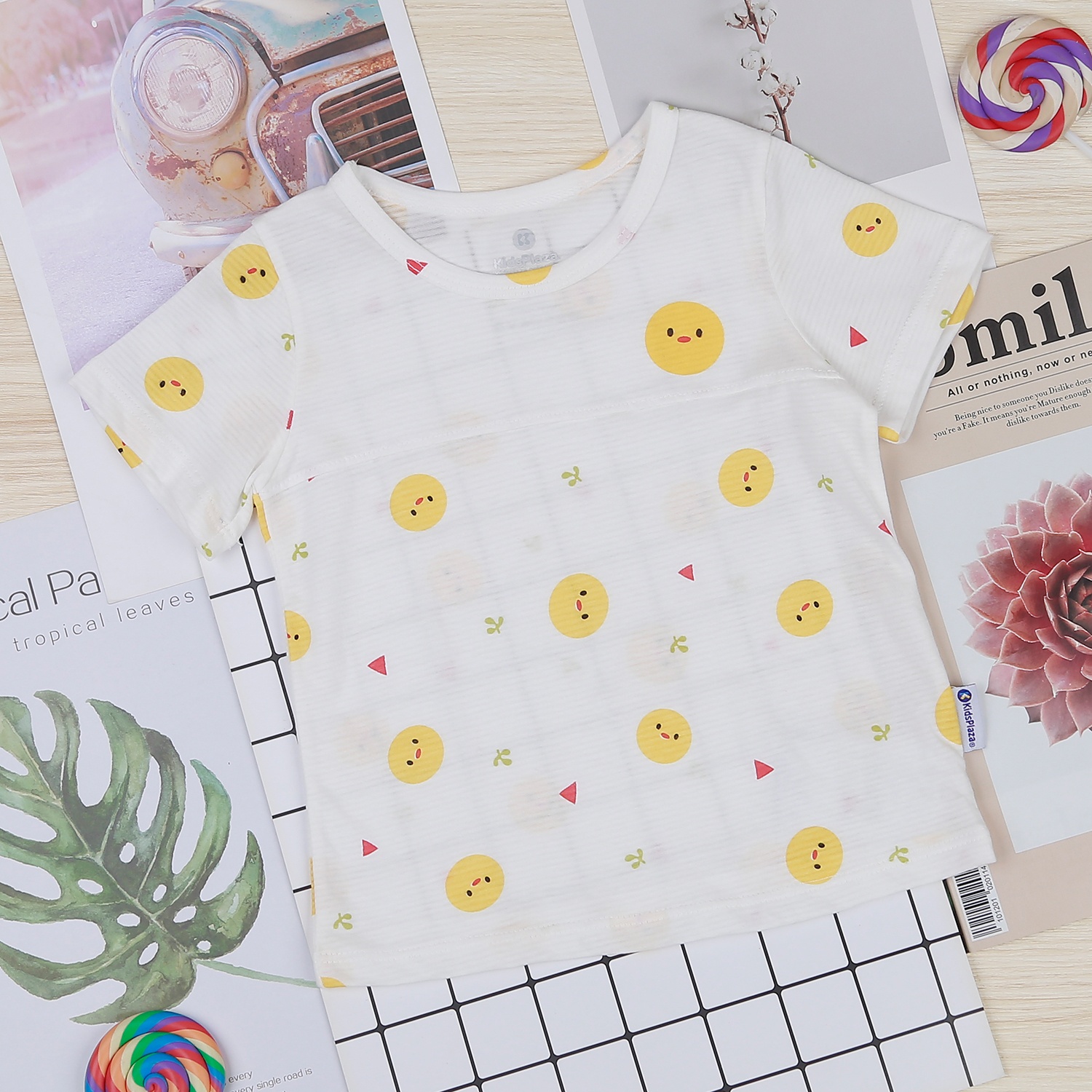 Bộ bé gái cộc tay KidsPlaza kẻ phối in hình gà con M22H hình 2