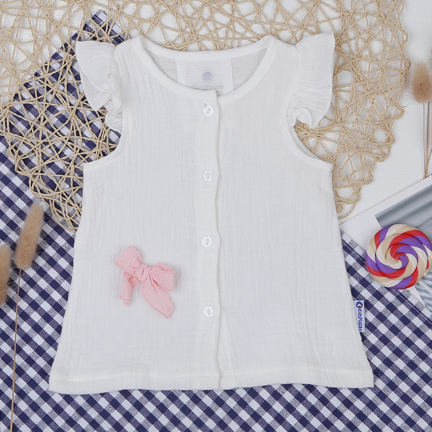 Bộ bé gái vải xô đính nơ KidsPlaza M21H (Trắng Hồng) hình 2