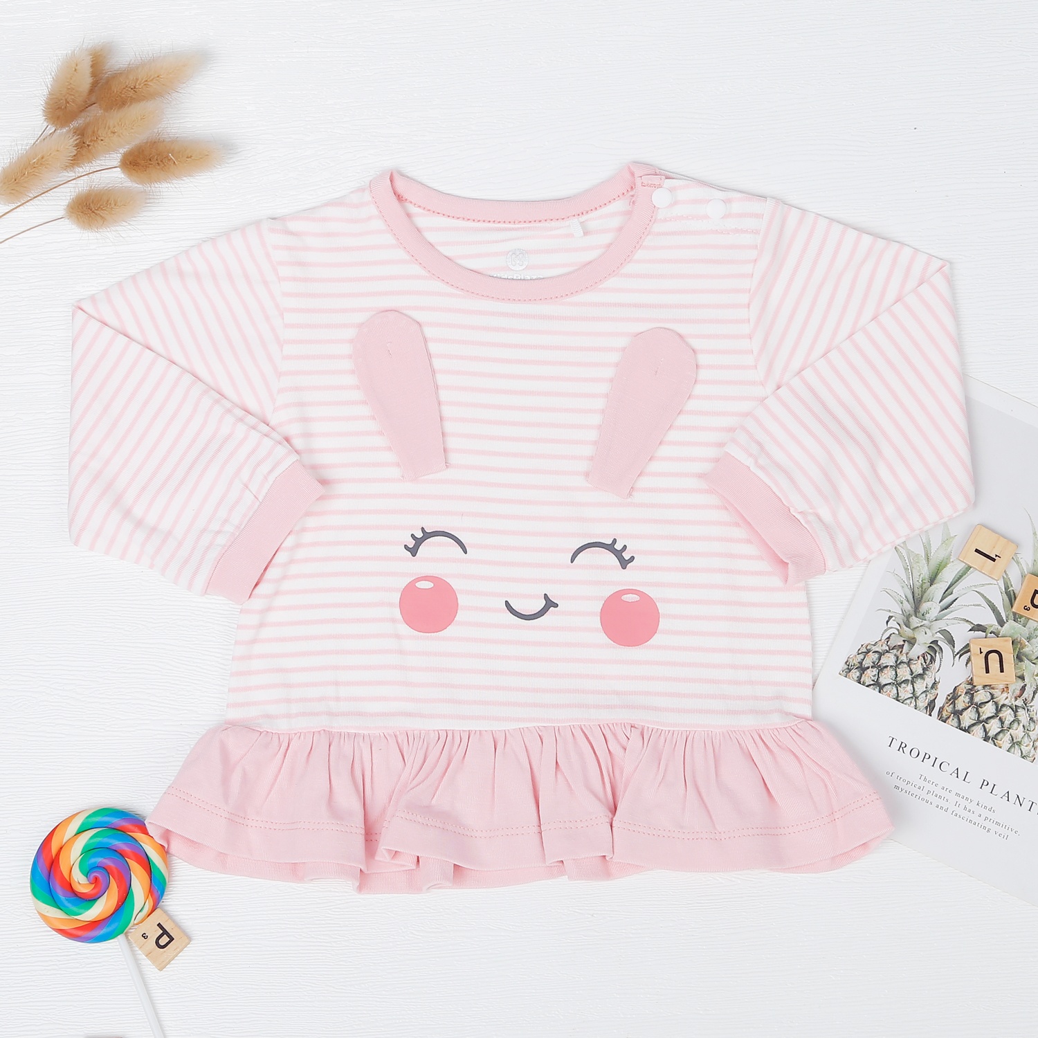 Bộ quần áo dài tay cài vai Otis KidsPlaza ND22T (Kẻ hồng) hình 2