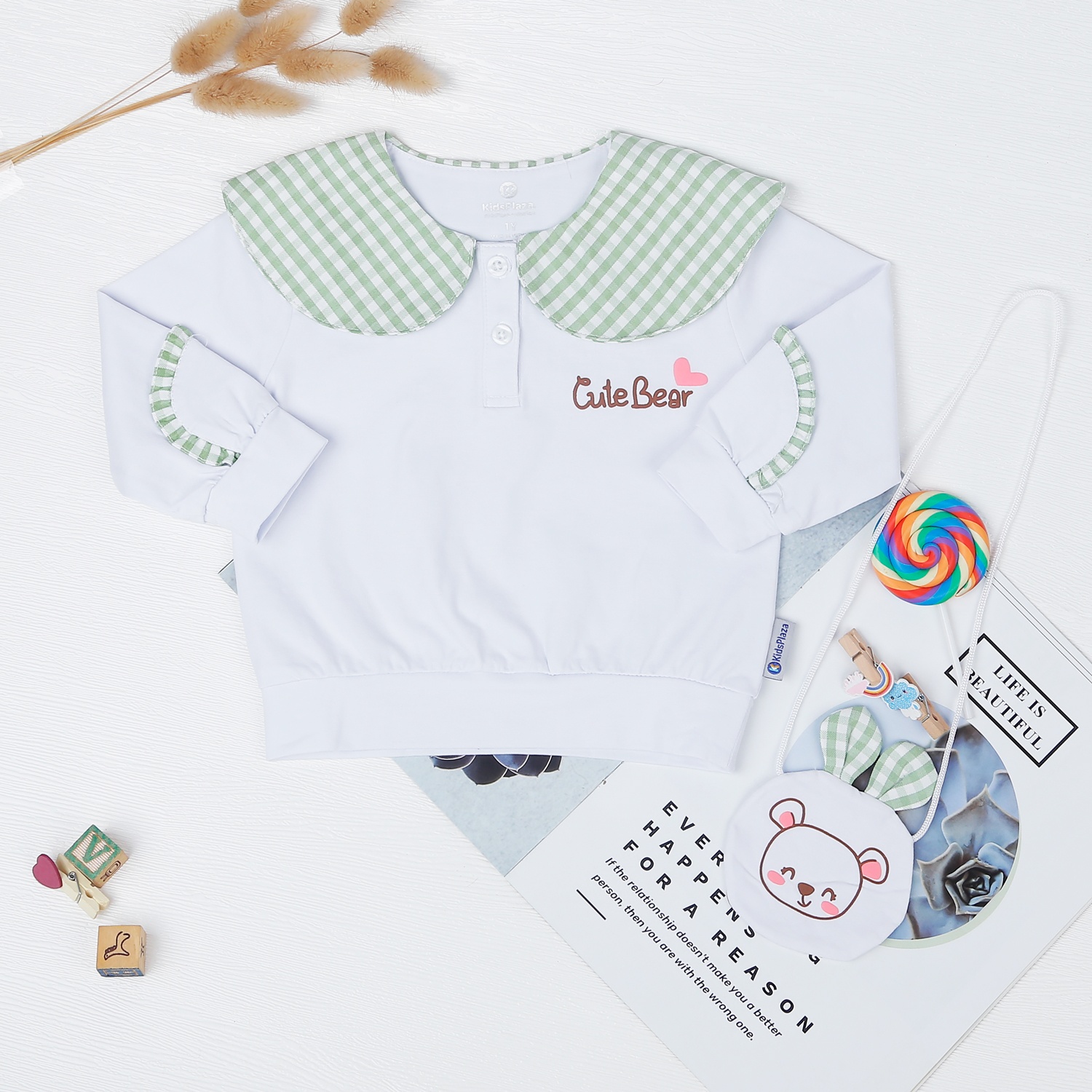 Bộ dài tay bé gái KidsPlaza in Cutebear TT22T (Trắng xanh) cho bé 1-4 tuổi