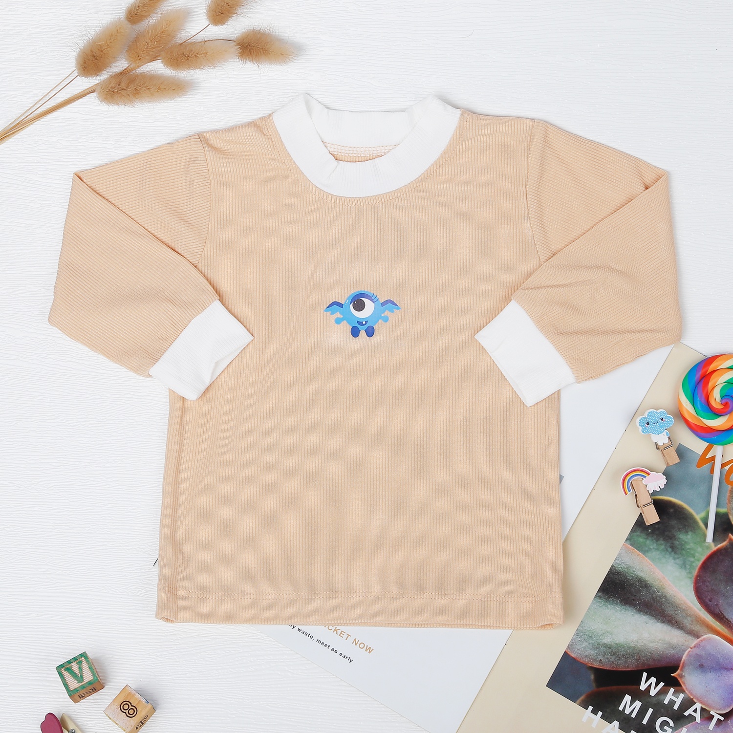 Bộ dài tay cổ tròn kẻ tăm KidsPlaza ND22T (Be sáng) dành cho bé từ 6-24 tháng