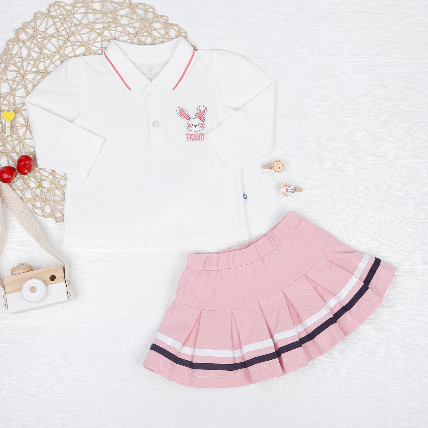  Set áo váy bé gái dài tay KidsPlaza HN22T (Trắng Hồng)  hình 1