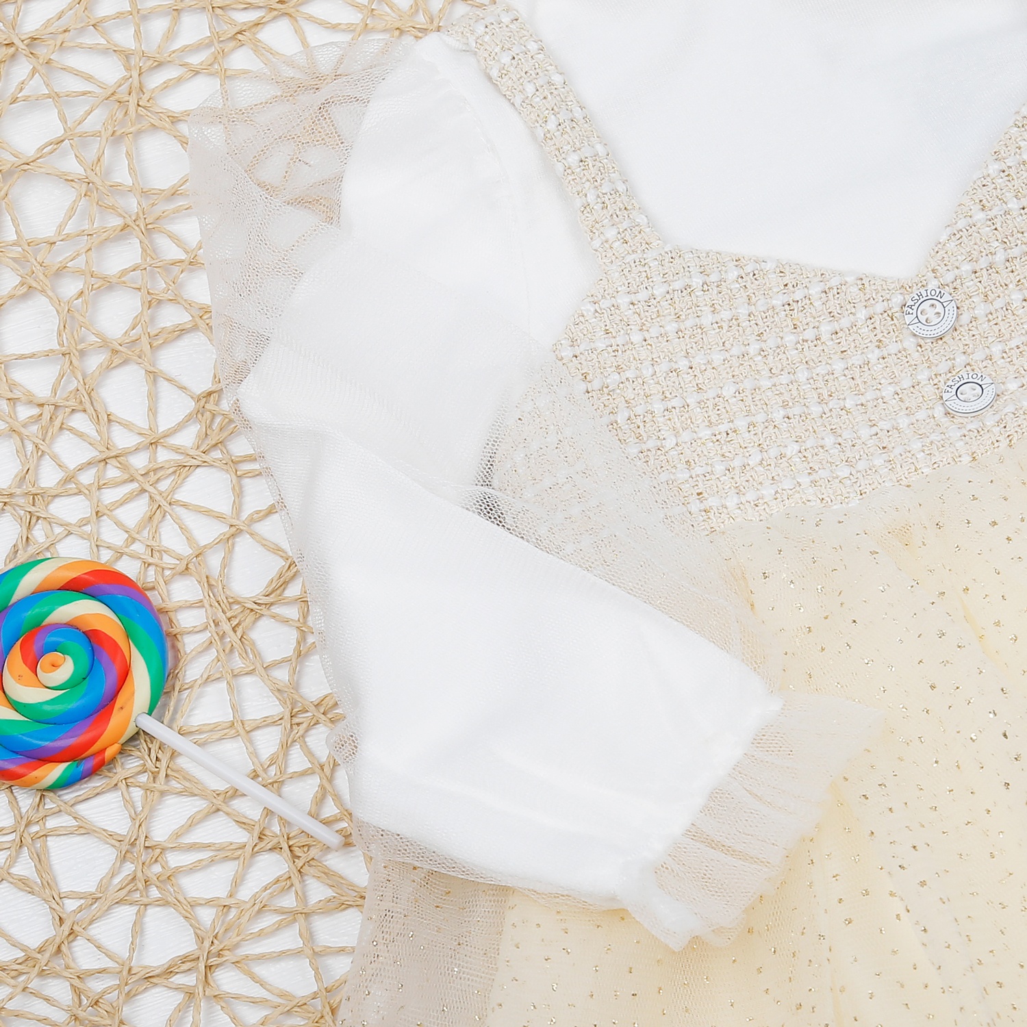 Sét váy dạ 2 dây KidsPlaza M22D (Trắng be) hình 3