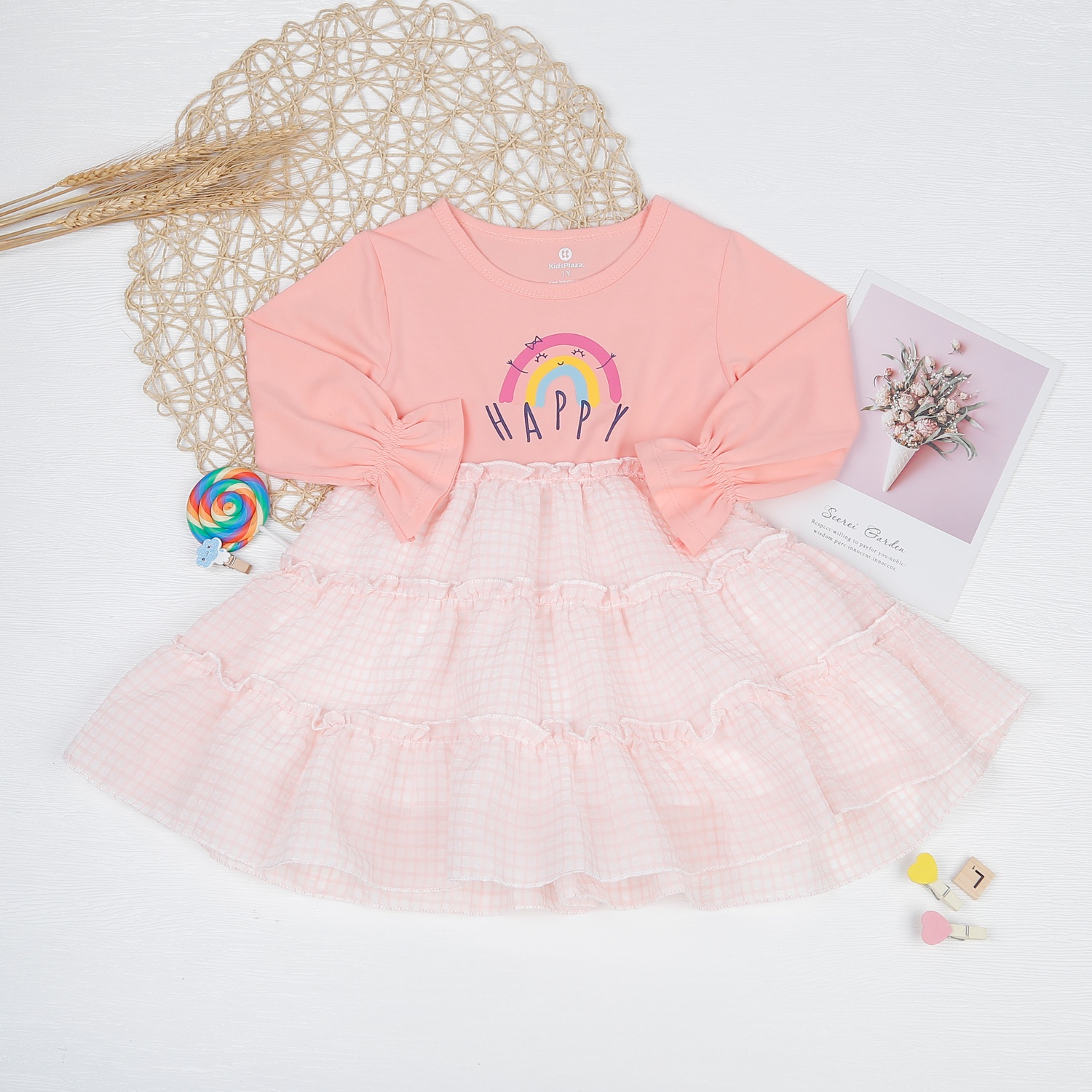 Váy bé gái dài tay Kidslaza in Happy hồng AT22T hình 1