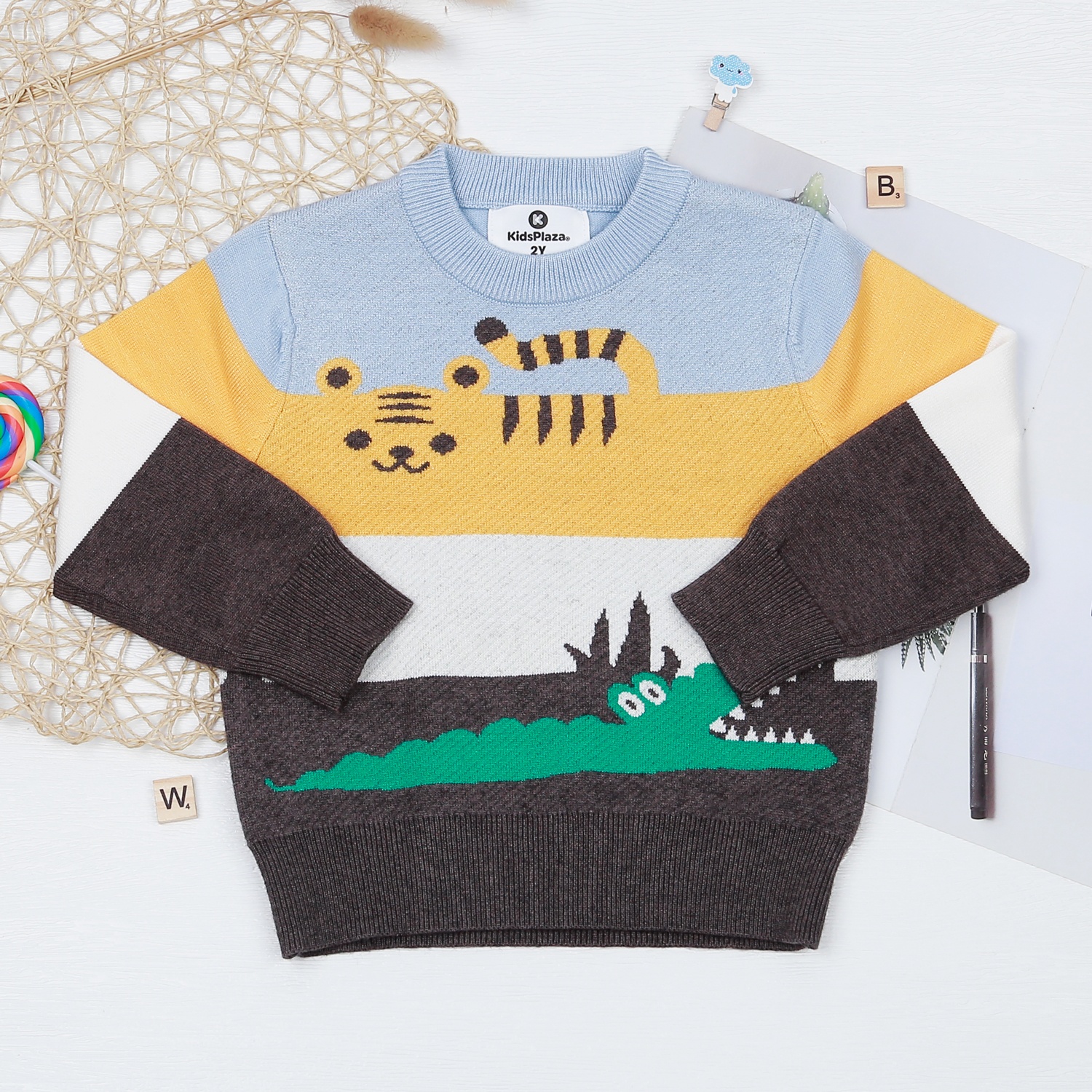 Áo len hổ cá sấu phối KidsPlaza HN22D (xanh vàng) hình 1