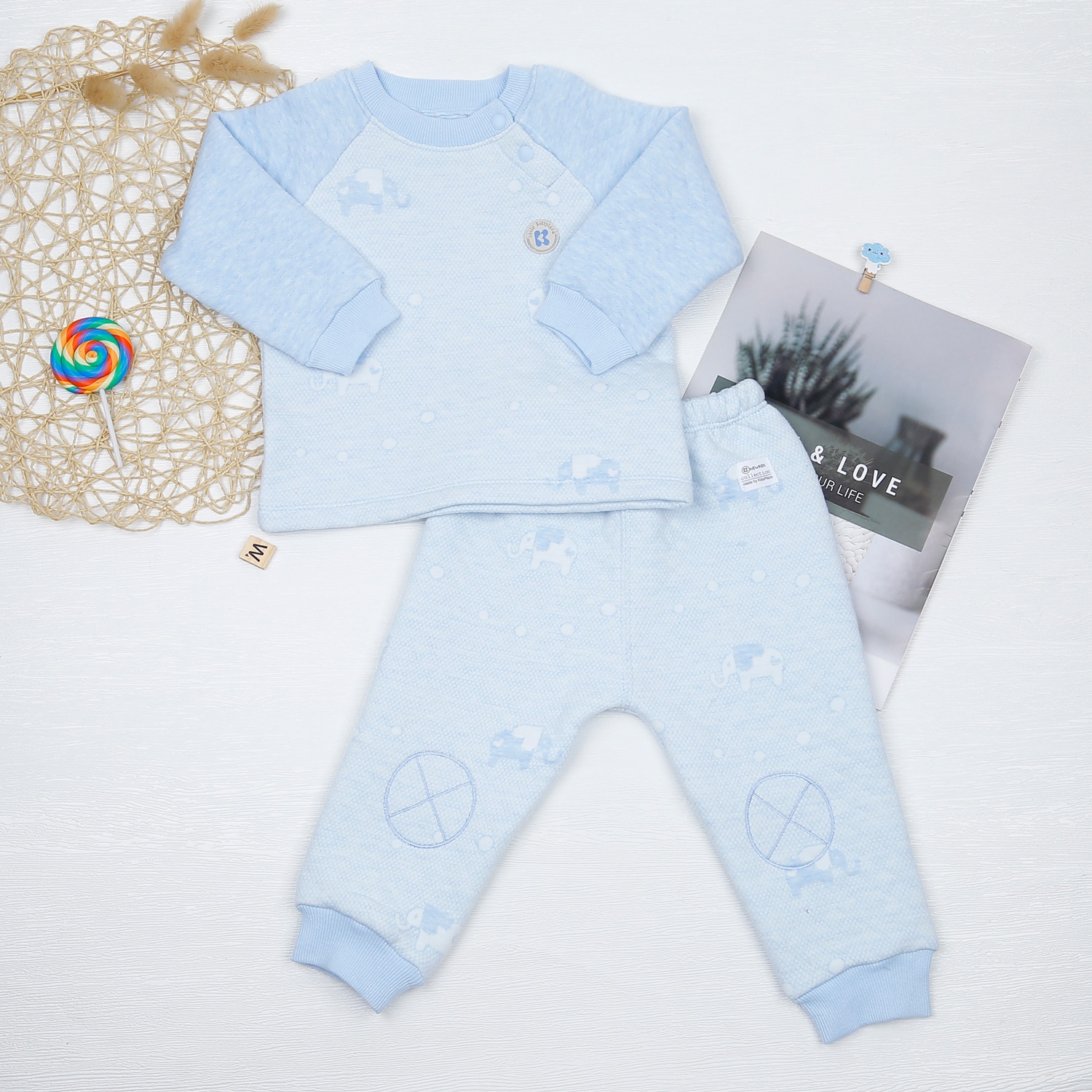 Bộ quần áo bông bé trai cài vai KidsPlaza in voi HN22D (Xanh) hình 1