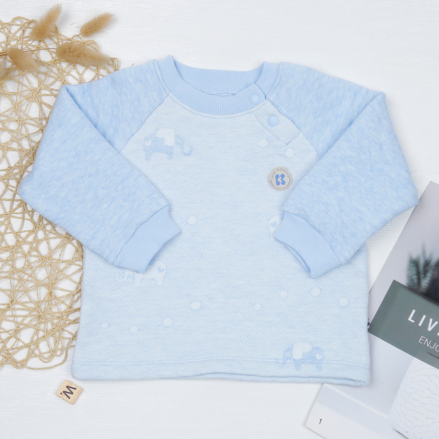 Bộ quần áo bông bé trai cài vai KidsPlaza in voi HN22D (Xanh) hình 2