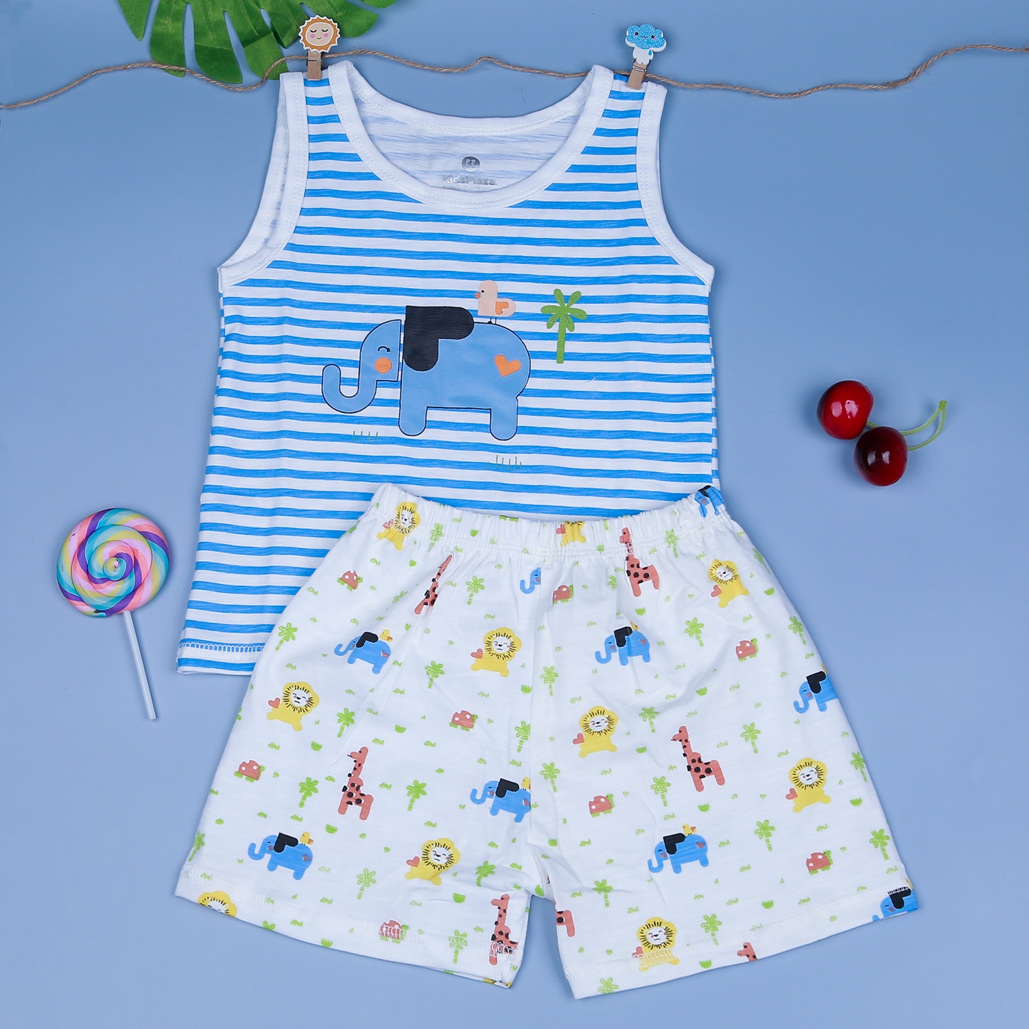 Bộ ba lỗ bé trai áo kẻ quần thú KidsPlaza M21H  hình 1