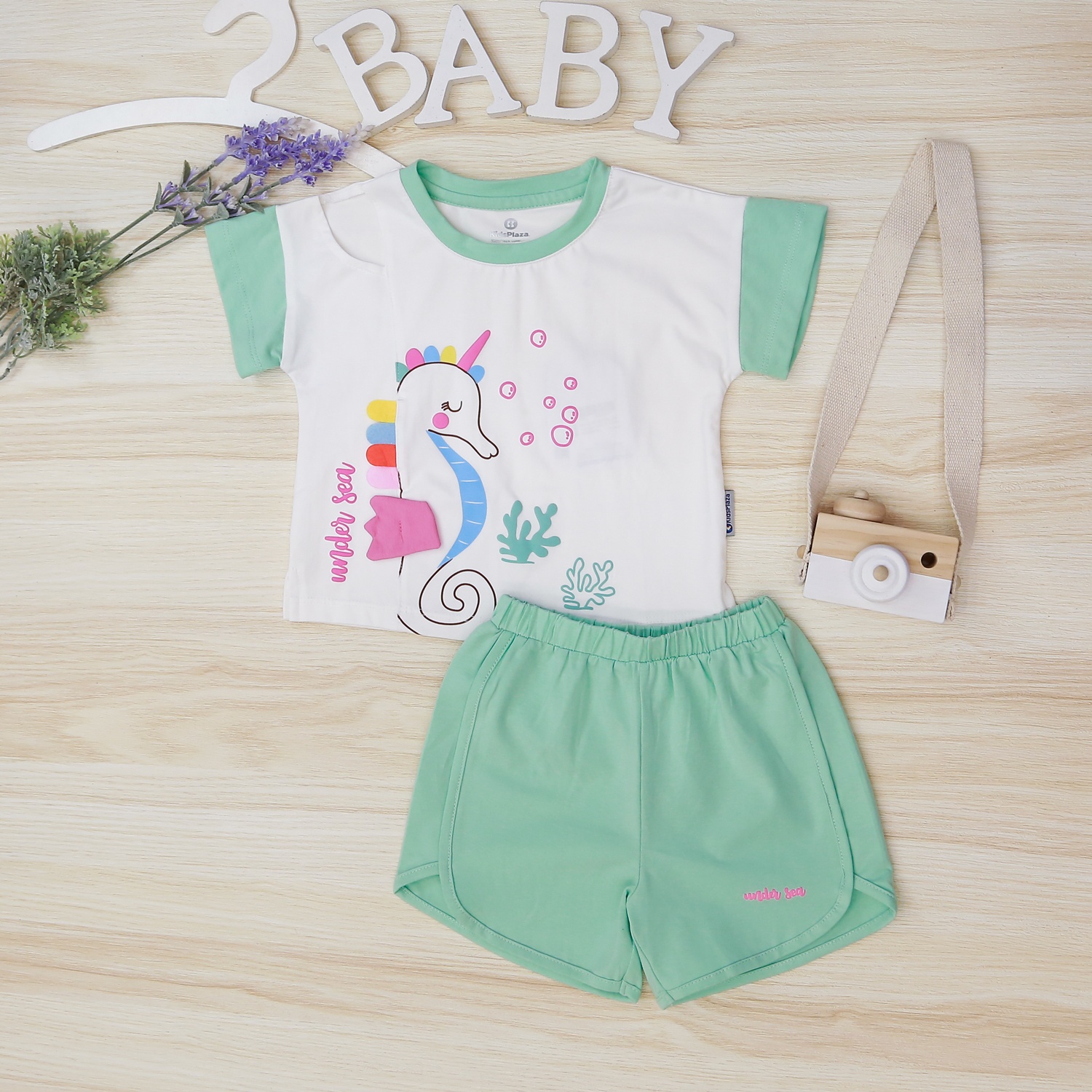 Bộ cộc bé gái in cá ngựa KidsPlaza TT22H Xanh hình 1