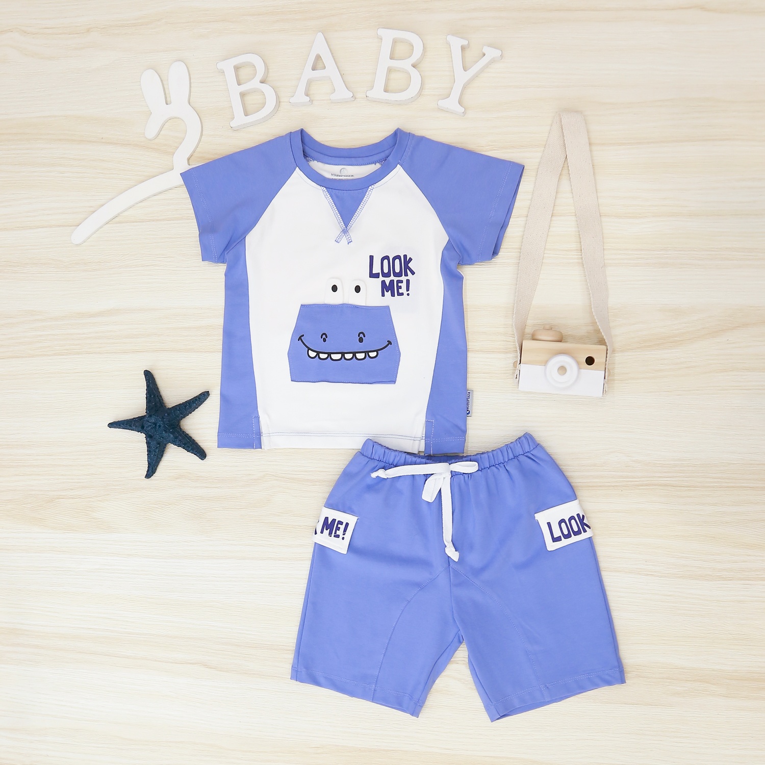 Bộ cộc bé trai in chữ Look me KidsPlaza TT22H (Xanh) hình 1