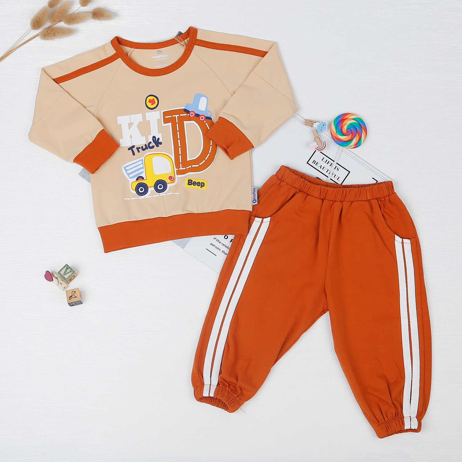 Bộ quần áo bé trai dài tay KidsPlaza in xe tải Kid TT22T (Cam) hình 1