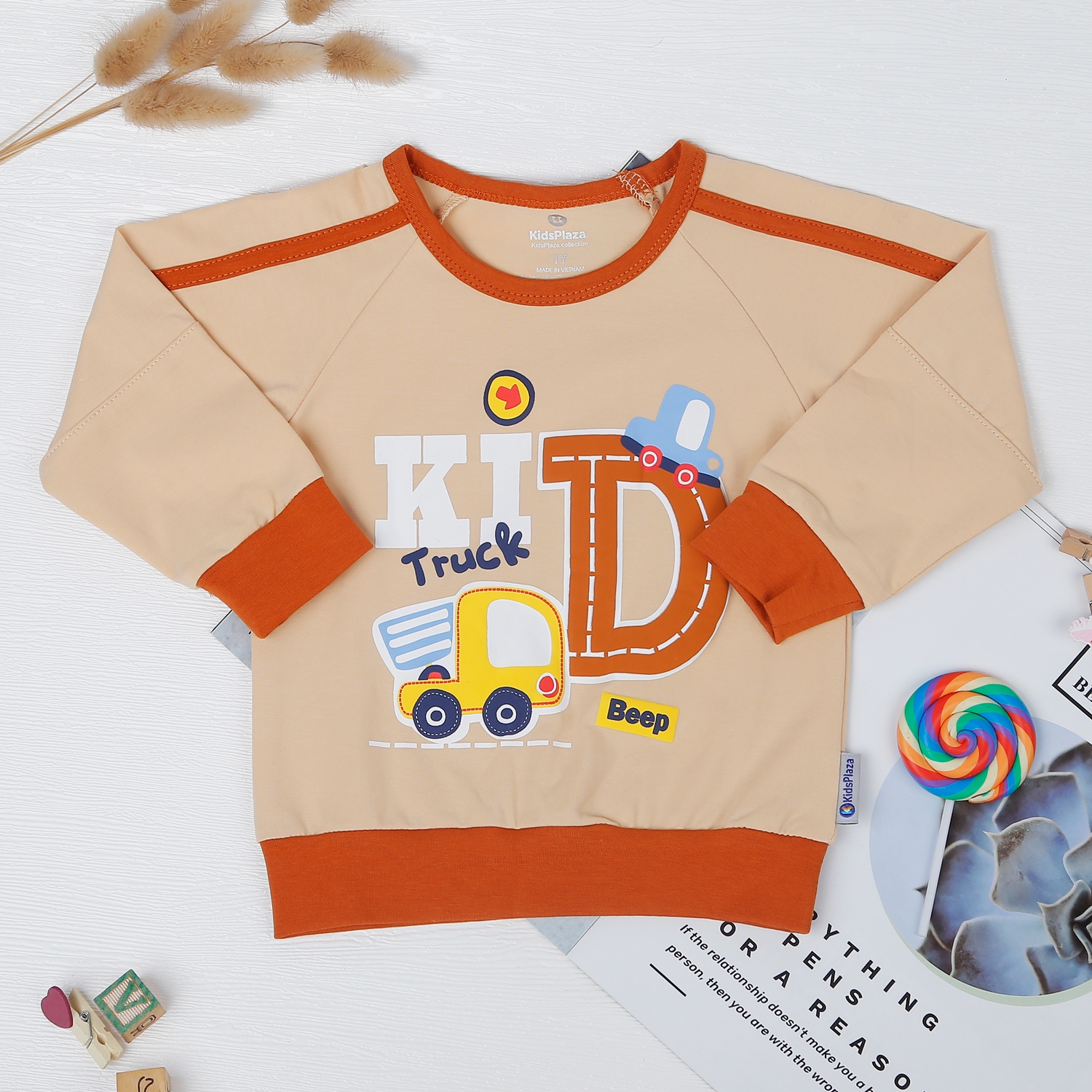 Bộ quần áo bé trai dài tay KidsPlaza in xe tải Kid TT22T (Cam) hình 2