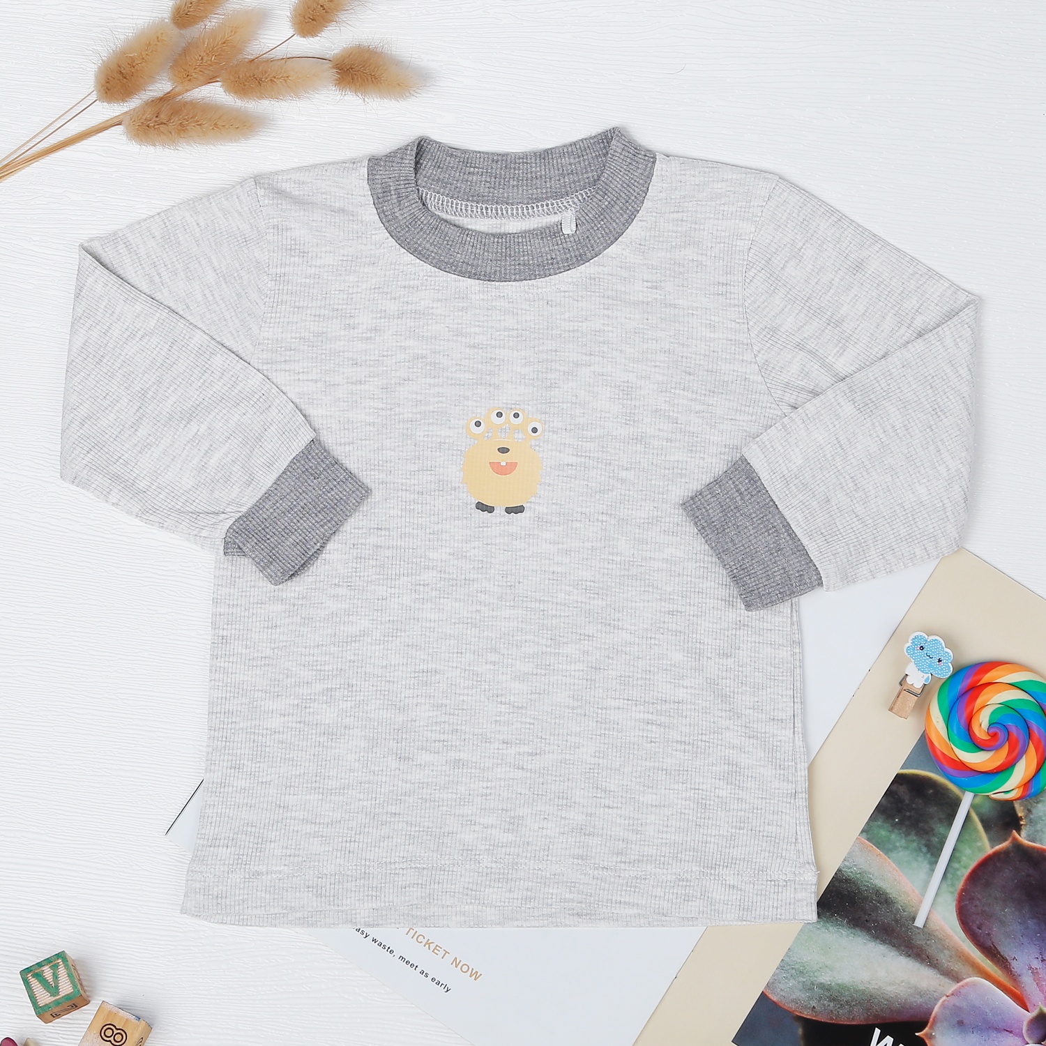 Bộ dài tay cổ tròn kẻ tăm KidsPlaza ND22T (Ghi) hình 2