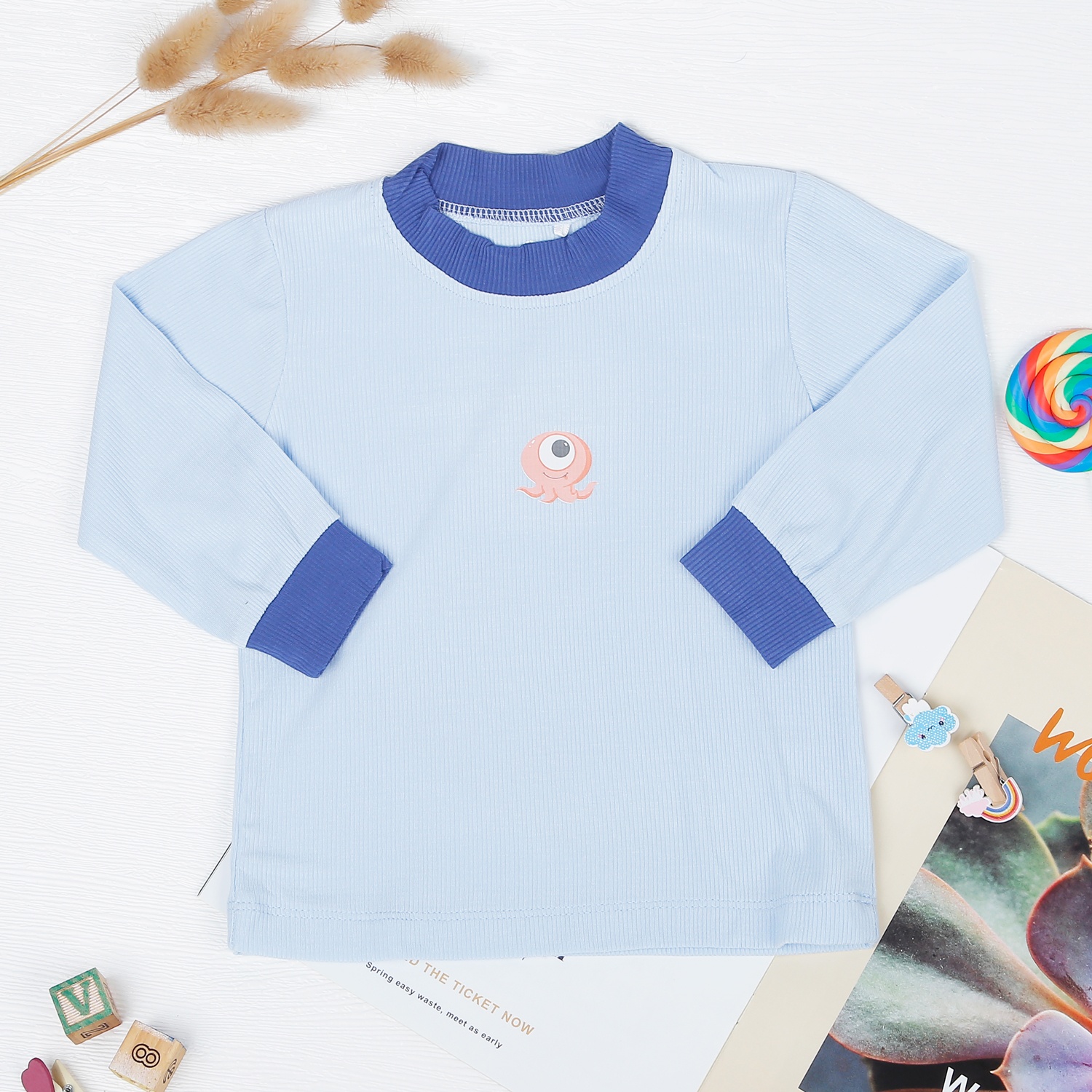 Bộ dài tay cổ tròn kẻ tăm KidsPlaza ND22T (Xanh) hình 2