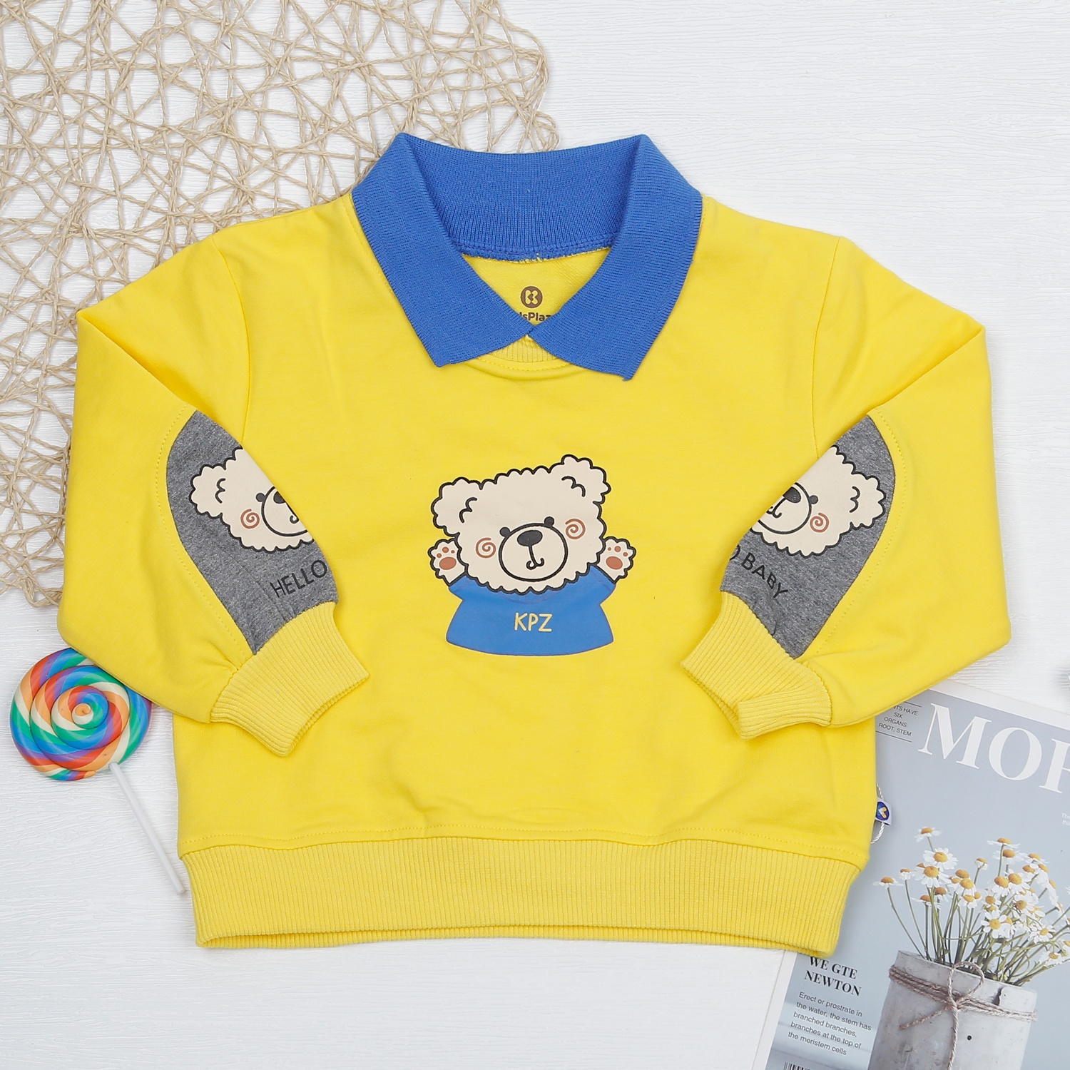 Bộ quần áo dài tay bé trai phối in gấu vàng xanh KidsPlaza HN22D  hình 4