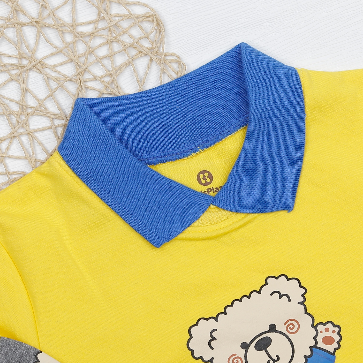 Bộ quần áo dài tay bé trai phối in gấu vàng xanh KidsPlaza HN22D  hình 2