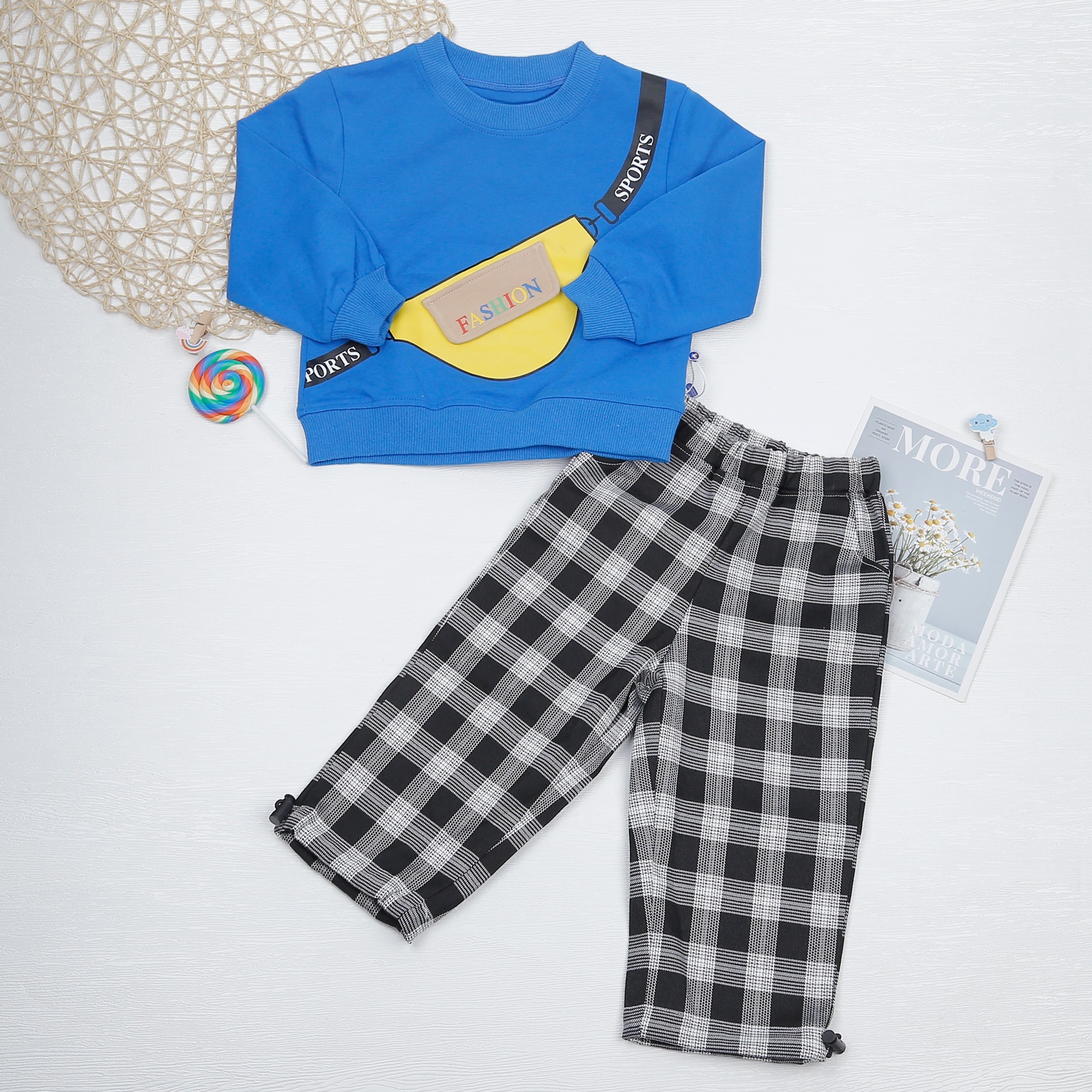 Bộ quần áo dài tay bé trai phối in túi chéo xanh KidsPlaza HN22D hình 1