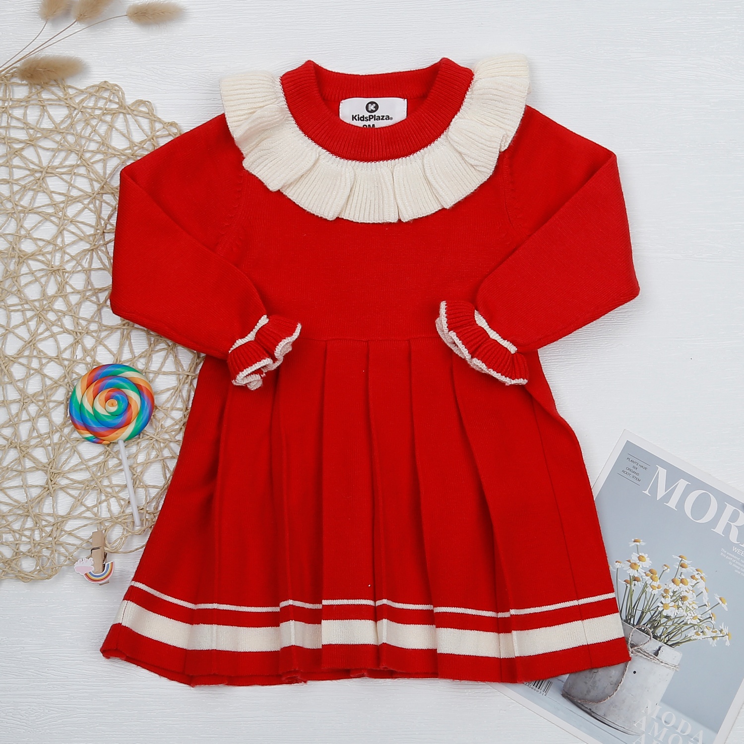 Váy len dài tay KidsPlaza màu đỏ cổ bèo HN22D hình 5