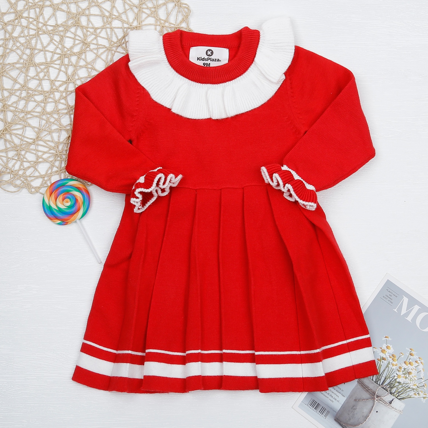 Váy len dài tay KidsPlaza màu đỏ cổ bèo HN22D hình 1