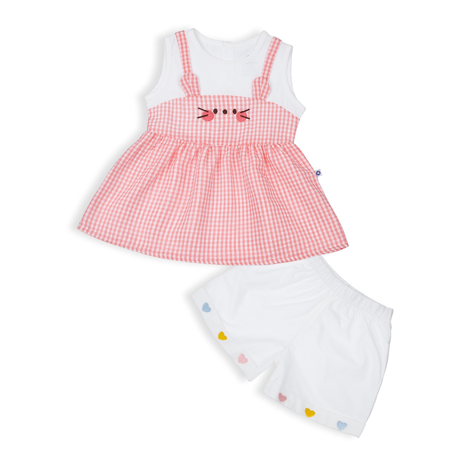 Bộ quần áo cộc tay bé gái KidsPlaza kẻ caro tai gấu HN23H (Hồng)