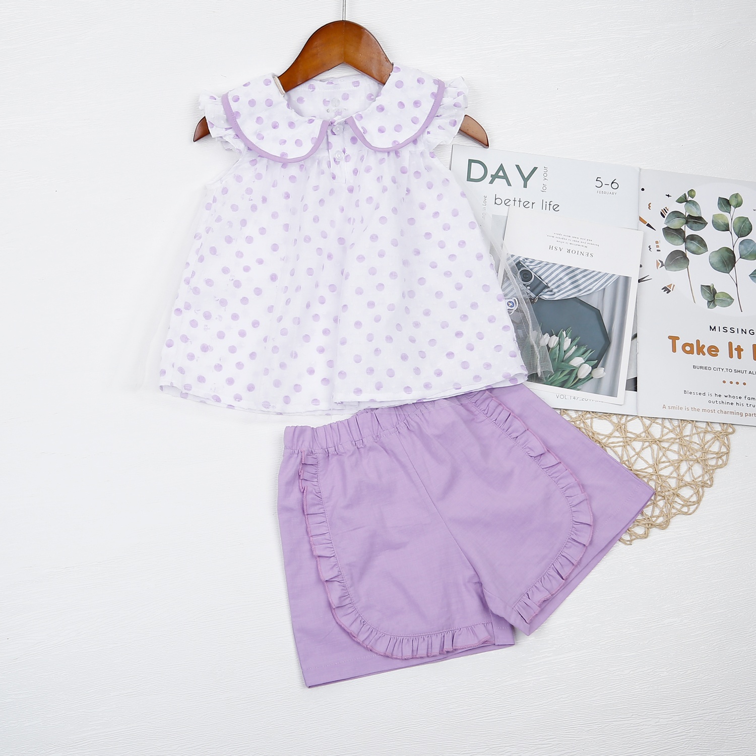 Bộ quần áo bé gái KidsPlaza bèo chấm bi HN23H (Tím)