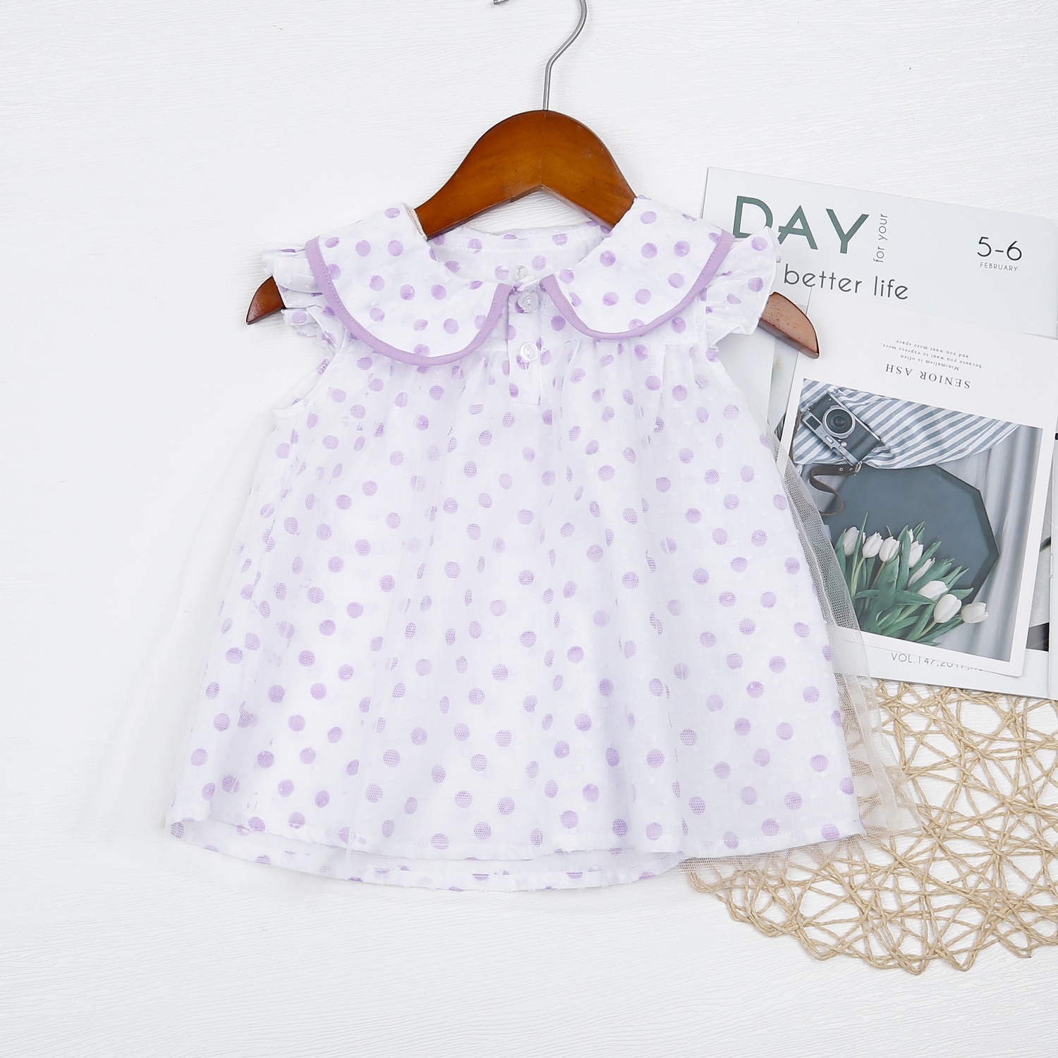 Bộ quần áo bé gái KidsPlaza bèo chấm bi HN23H (Tím)