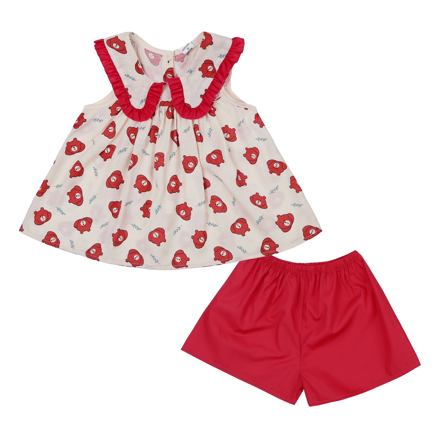 Bộ quần áo cộc tay bé gái KidsPlaza cổ bèo in hình gấu M23H (Đỏ) hình 1