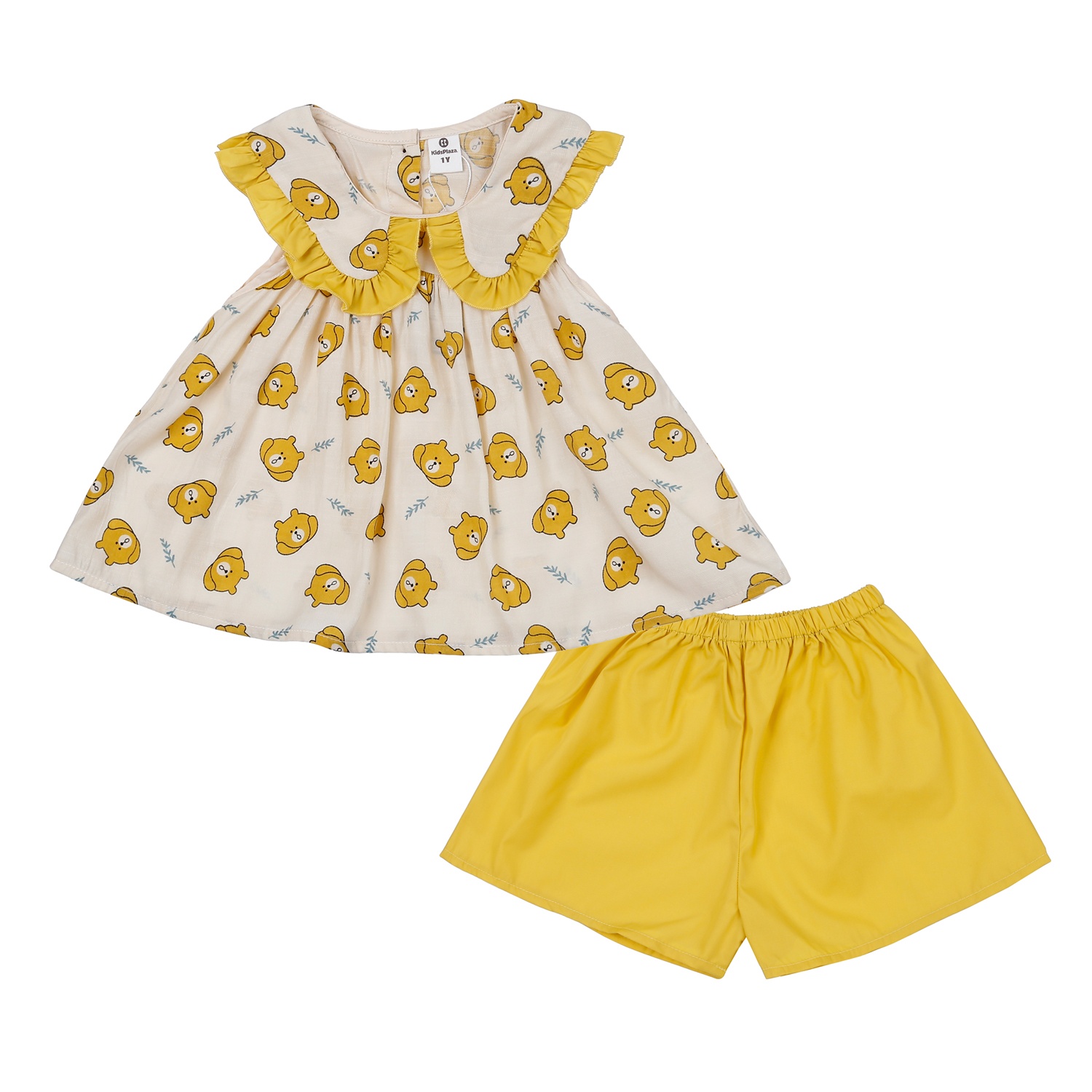 Bộ quần áo cộc tay bé gái KidsPlaza cổ bèo in hình gấu M23H (Vàng)