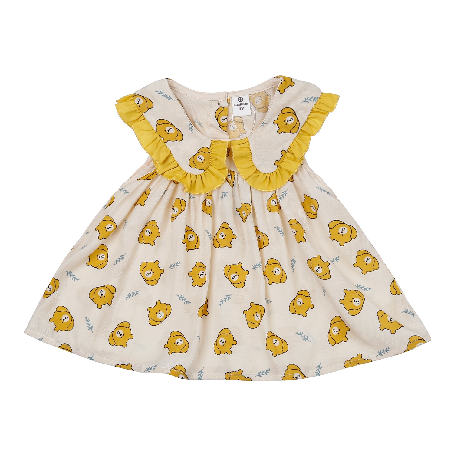 Bộ quần áo cộc tay bé gái KidsPlaza cổ bèo in hình gấu M23H (Vàng)
