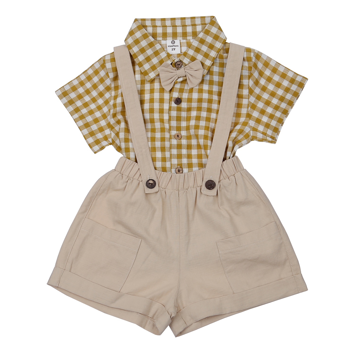 Bộ quần áo bé trai KidsPlaza sơ mi kẻ quần 2 dây M23H (Vàng be) hình 1
