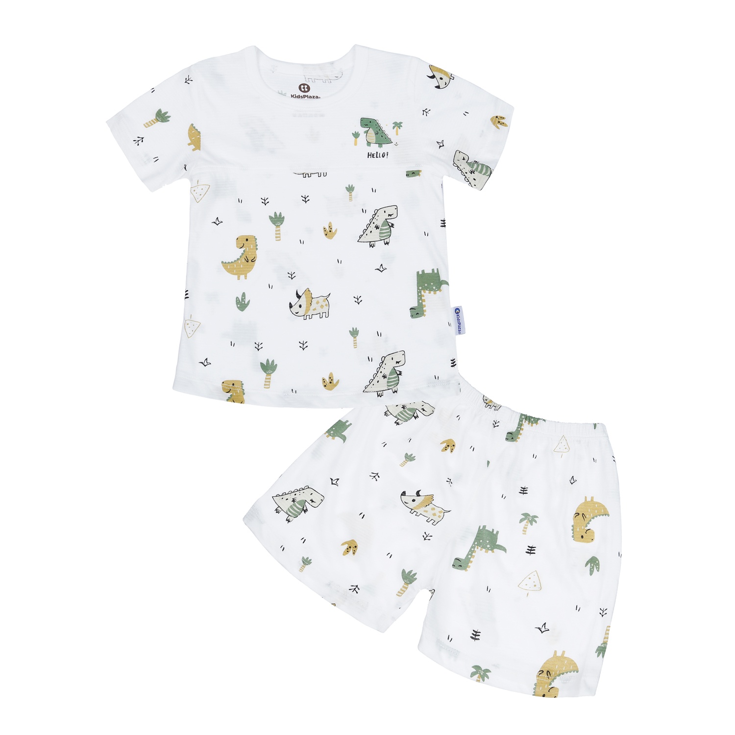 Bộ quần áo bé trai cộc tay KidsPlaza kẻ phối in khủng long M23H (Trắng) hình 1