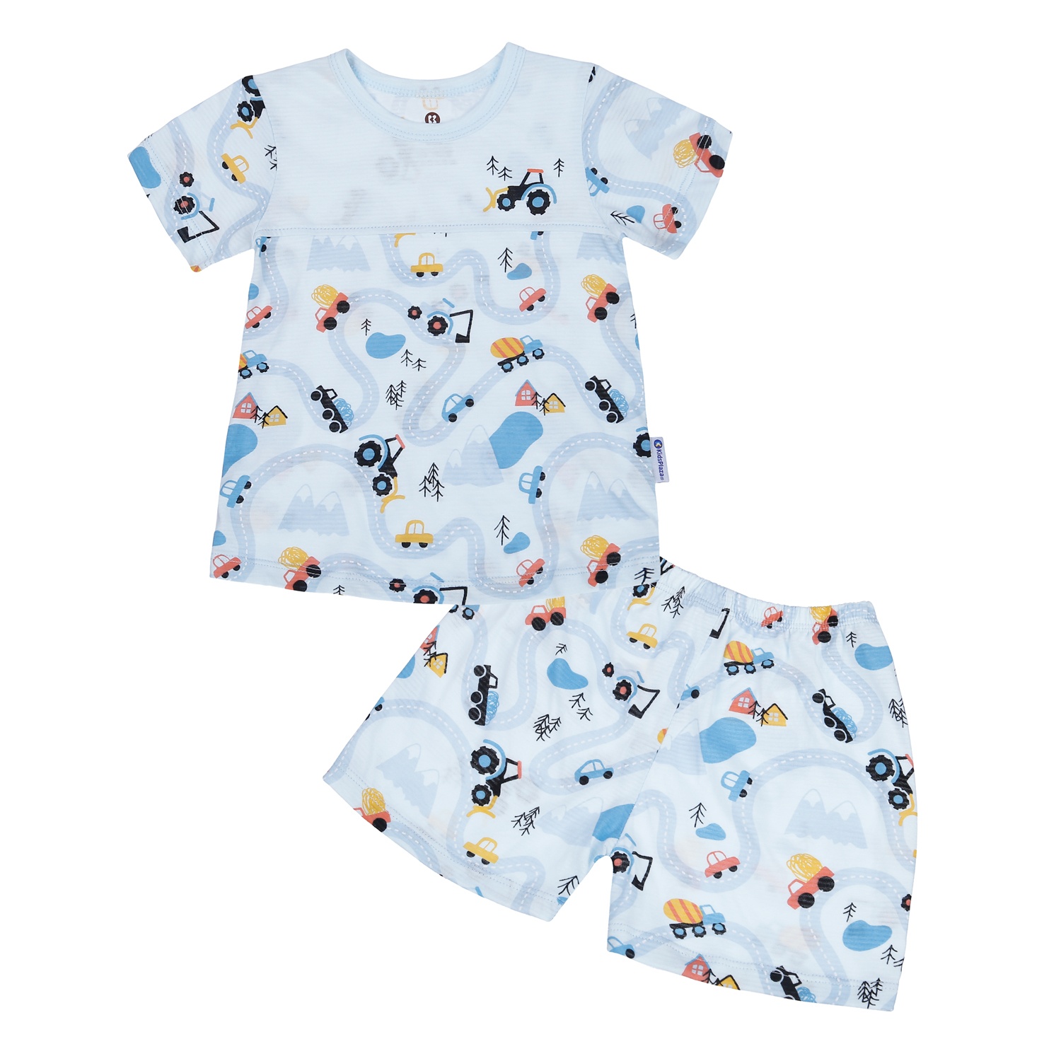 Bộ quần áo bé trai cộc tay KidsPlaza kẻ phối in ô tô M23H (Xanh)  hình 1