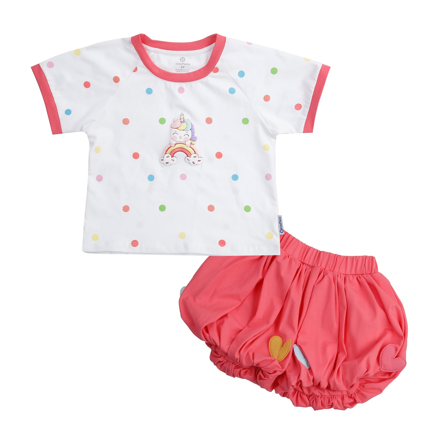 Bộ quần áo bé gái cộc tay KidsPlaza chấm bi TT24H (Trắng hồng)