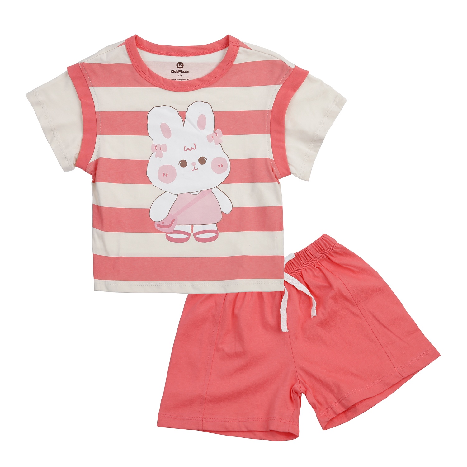 Bộ quần áo cộc tay bé gái KidsPlaza kẻ sọc in thỏ M24H (Hồng)