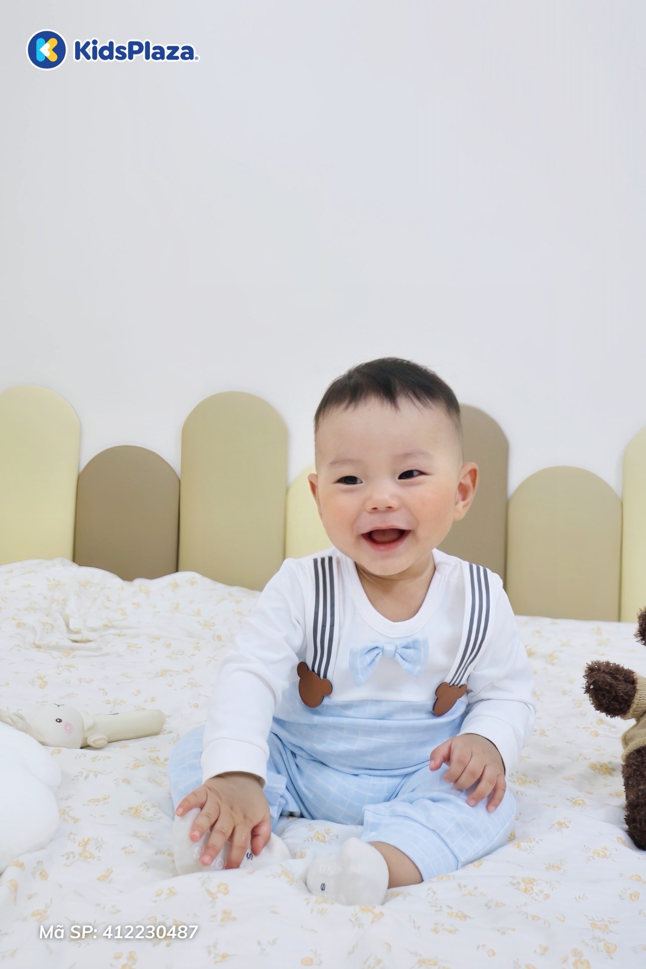 Bộ body dài tay bé trai KidsPlaza yếm dây kẻ HN25T (Trắng xanh)