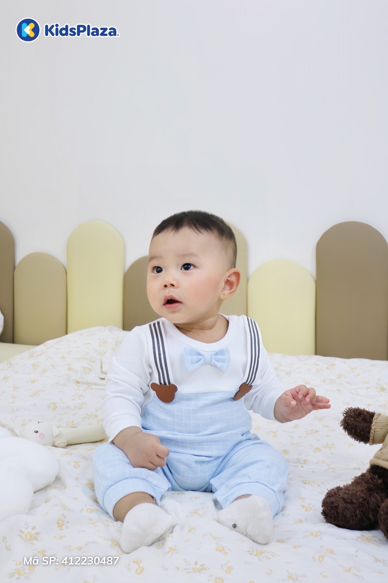 Bộ body dài tay bé trai KidsPlaza yếm dây kẻ HN25T (Trắng xanh)