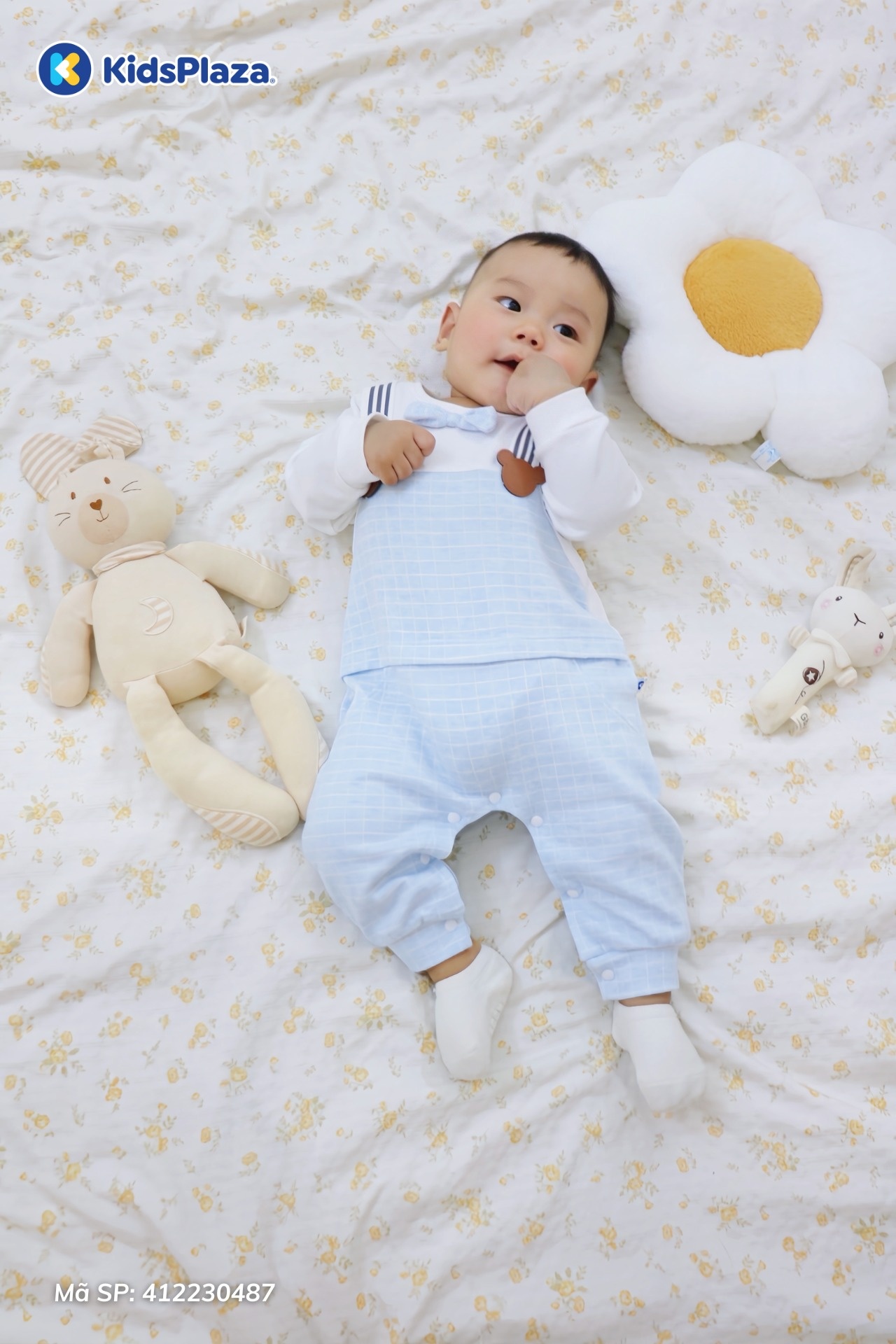 Bộ body dài tay bé trai KidsPlaza yếm dây kẻ HN25T (Trắng xanh)