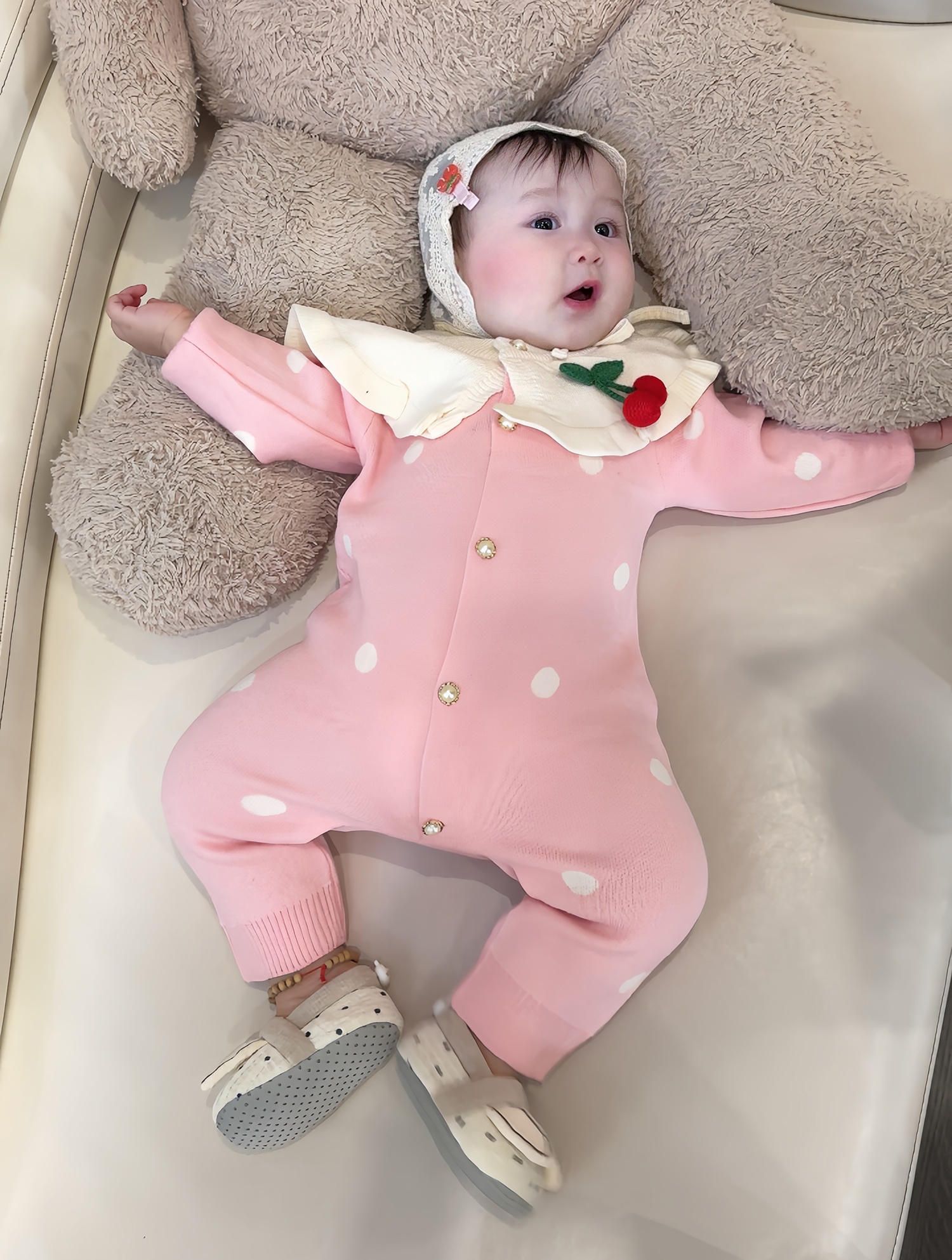 Bộ body len bé gái Mamago choàng gắn Cherry 25M-BL04 (Hồng) 3