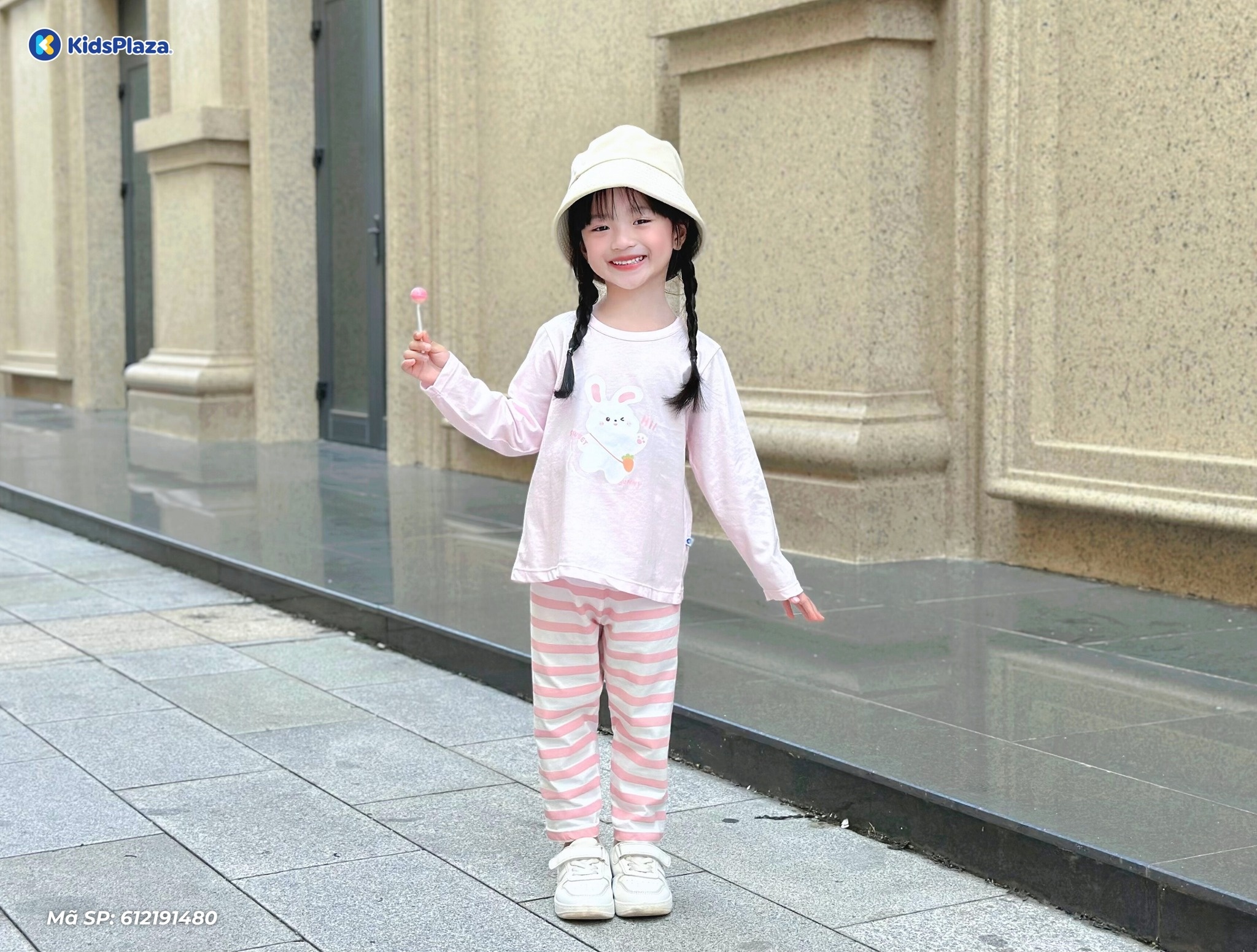 Bộ quần áo dài tay bé gái KidsPlaza in thỏ kẻ HN25T (Hồng)