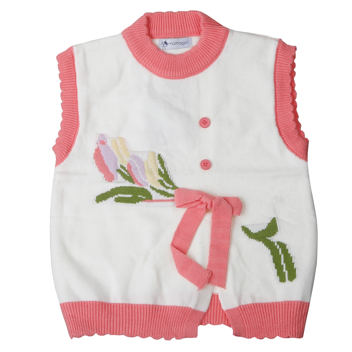 Áo gile len bé gái Mamago 2 cúc đính nơ 25M-G02 (Trắng)