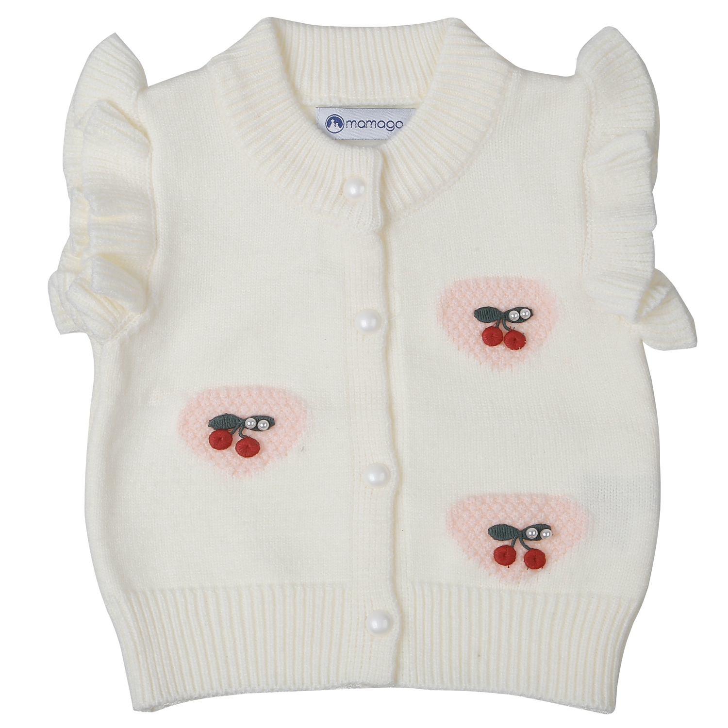 Áo Gile len bé gái Mamago cài cúc Cherry 25M-G08 (Trắng) 