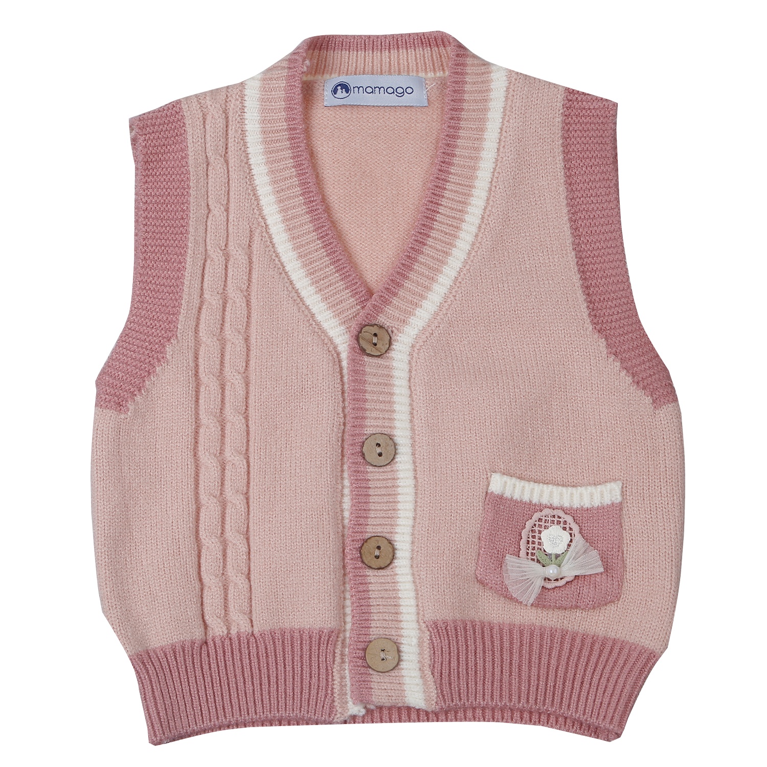 Áo Gile len bé gái Mamago cài cúc có túi 25M-G10 (Hồng)