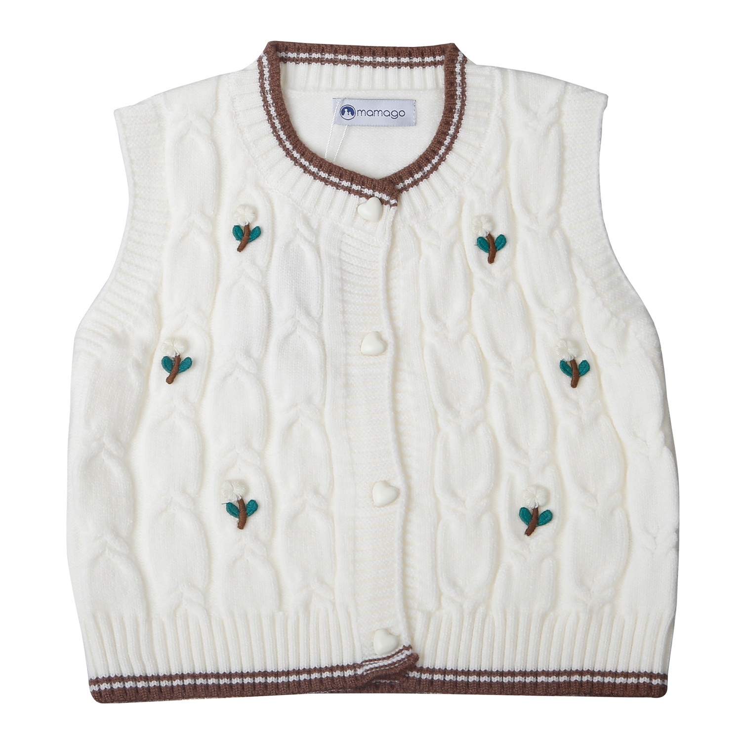 Áo gile len bé gái Mamago cài cúc hoa 25M-G09 (Trắng)