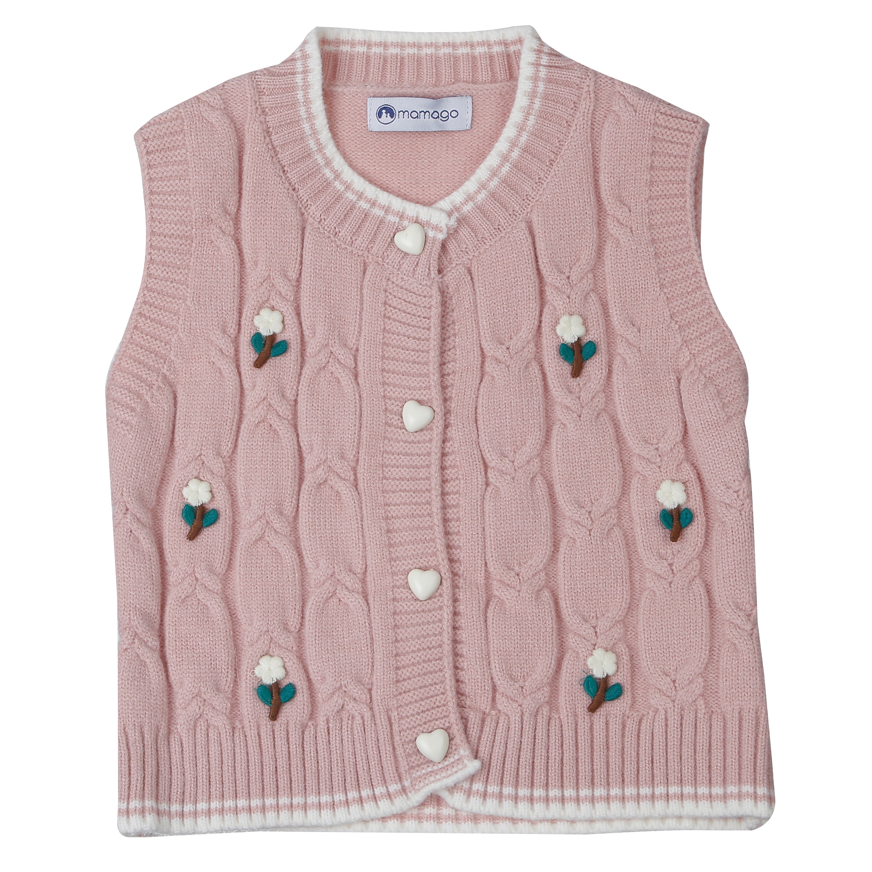 Áo Gile len bé gái Mamago cài cúc thêu hoa 25M-G09 (Hồng)