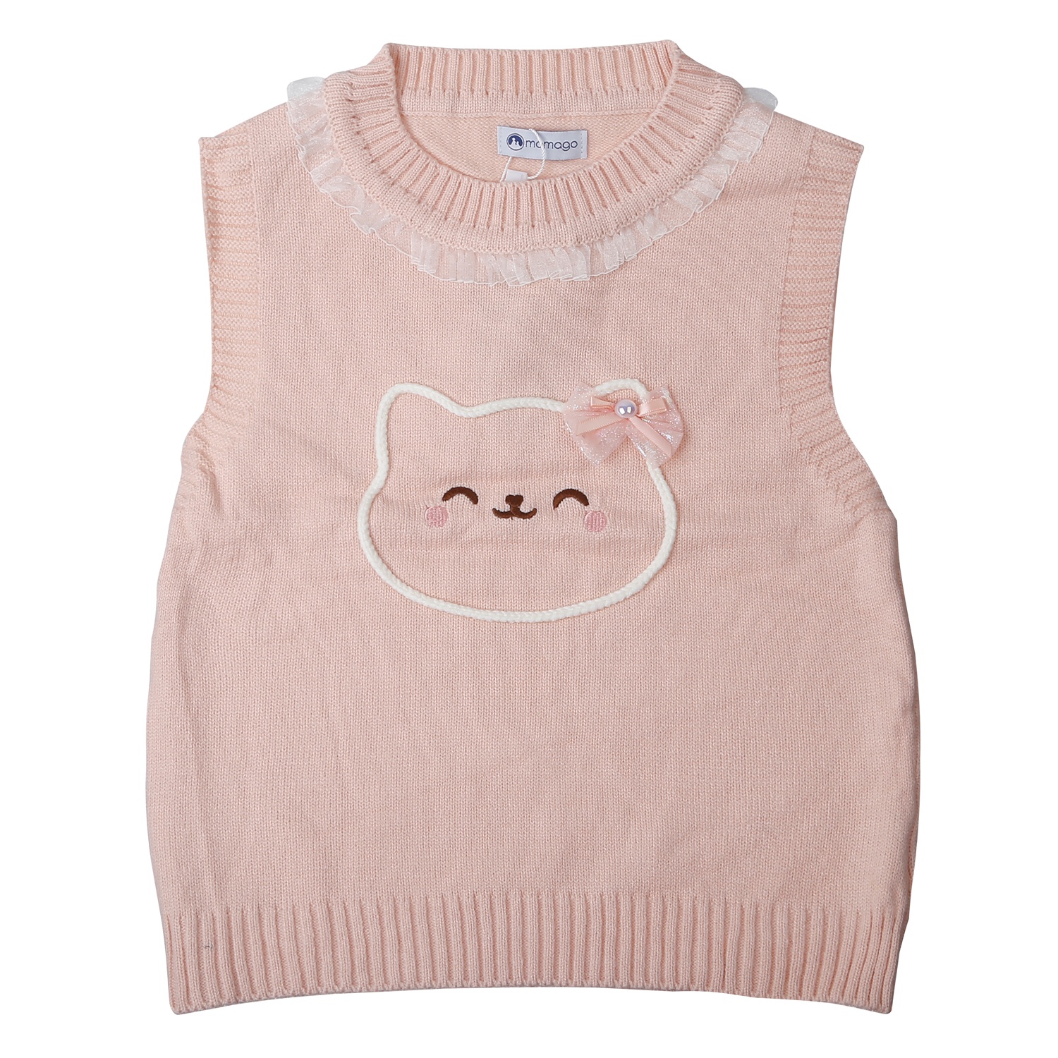 Áo gile len bé gái Mamago cổ bèo hình mèo 12M-G04 (Hồng)