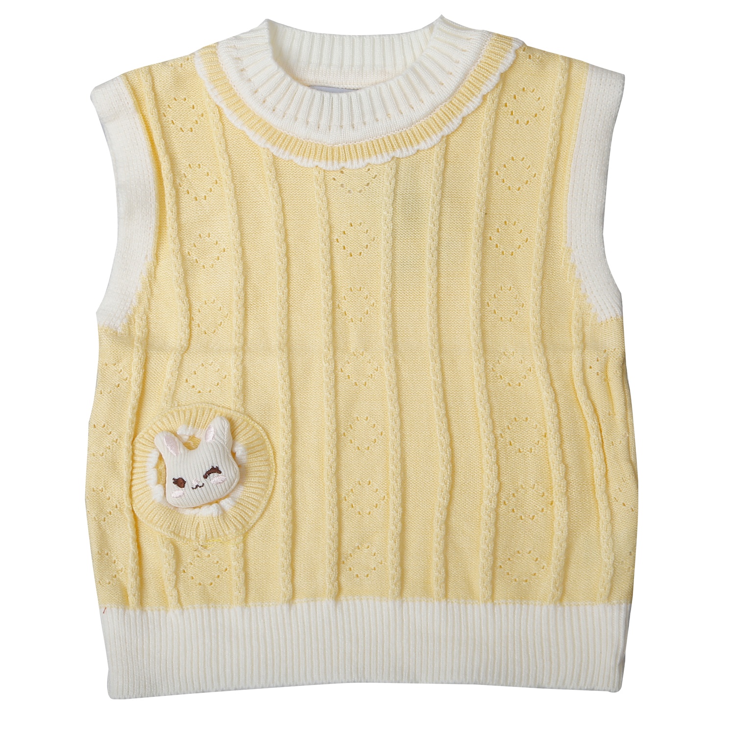 Áo gile len bé gái Mamago sọc đính thỏ 25M-G03 (Vàng)