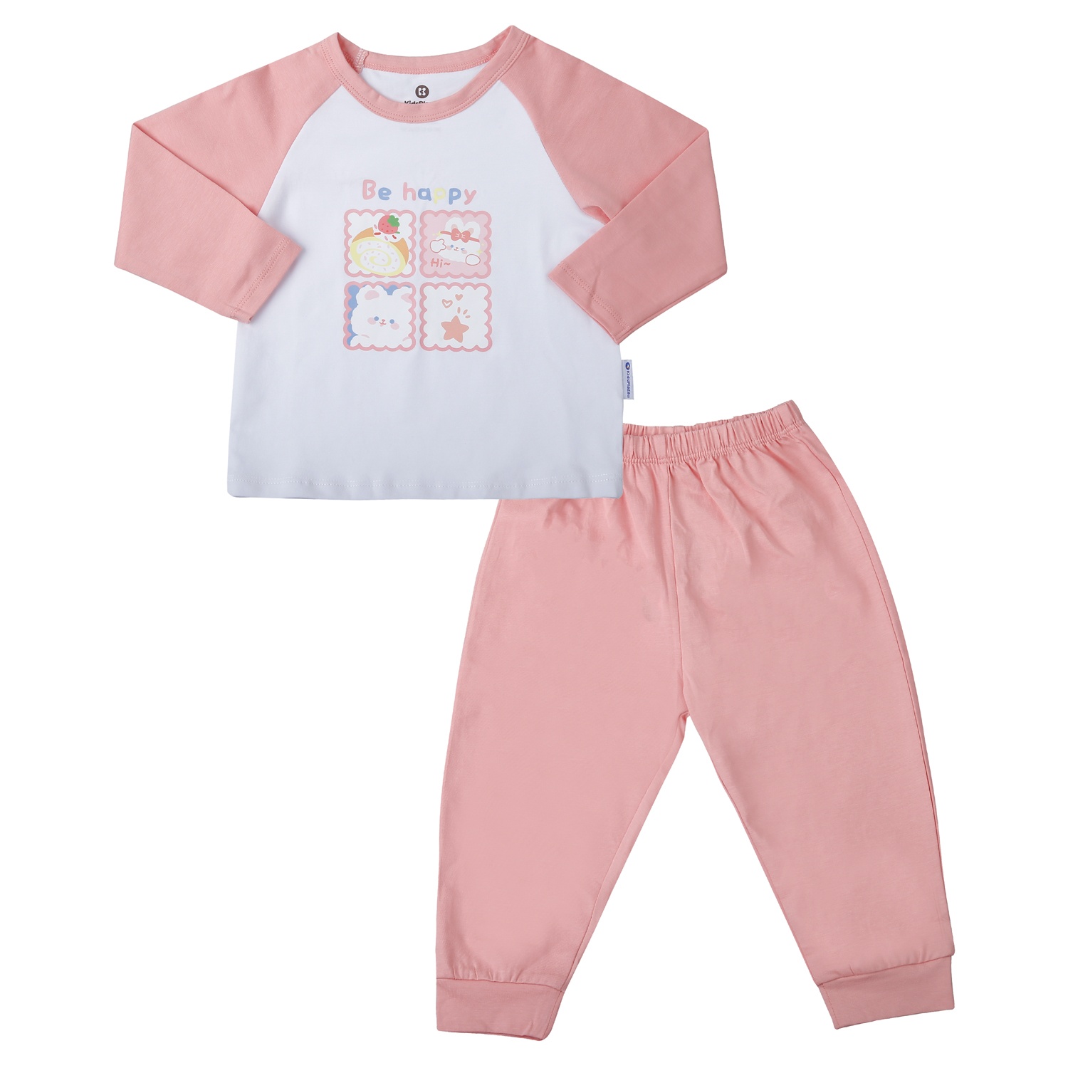 Bộ quần áo dài tay bé gái KidsPlaza cotton in be happy M25T Trắng hồng)
