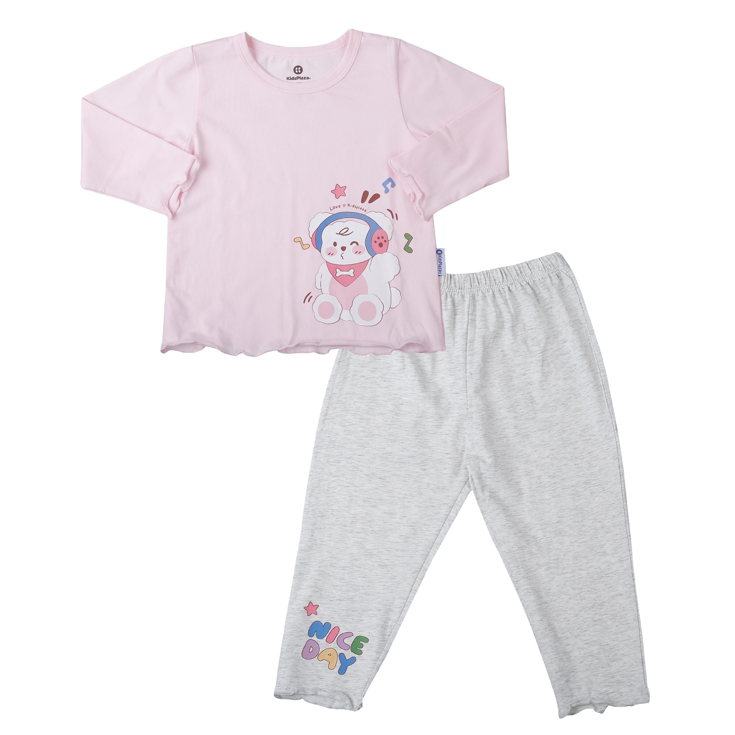 Bộ quần áo dài tay bé gái KidsPlaza cotton in gấu M25T (Hồng ghi)